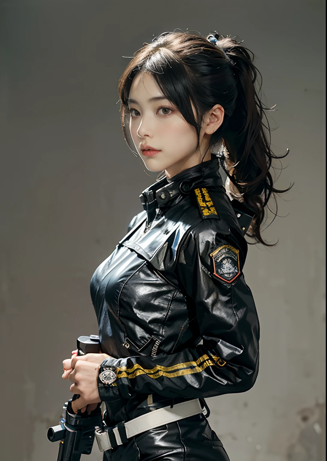 Highest image quality, outstanding details, ultra-high resolution, (realism: 1.4), (cowboy shot, from side view, looking at another), the best illustration, favor details, highly condensed 1 beautiful girl, with a delicate and beautiful face, vigilance posture, ((holding a gun at the ready)), ponytail, captain, (perfect proportion, muscular:1.25), (wearing racing suit likes police uniform, black and gray mecha, wearing military harness, grenades, holding a machinegun), background grey wall,
