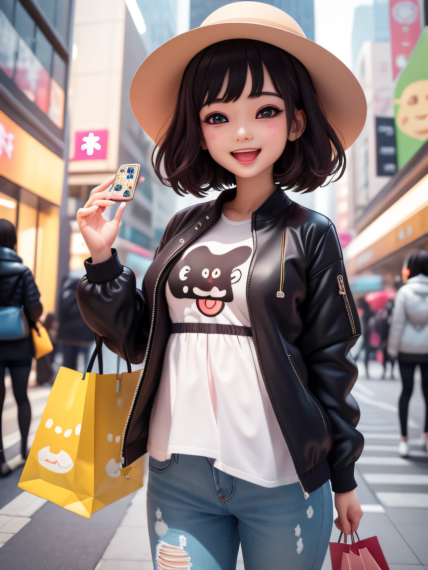 (​masterpiece)、(top-quality)、(ultra-detailliert)、(full bodyesbian:1.2)、1 female、Memorable、Menhera、a smile、open open mouth、Slimed、shopping、jaket、buliding、The shirt、short-hair、Round hat、Blurring、A dark-haired、a smile、long-sleeve、Bangs black hair、(beautifull detailed face)、(beatiful detailed eyes)、Cheerful smile。I have a smartphone in my hand、Heart in the background、shopping bags