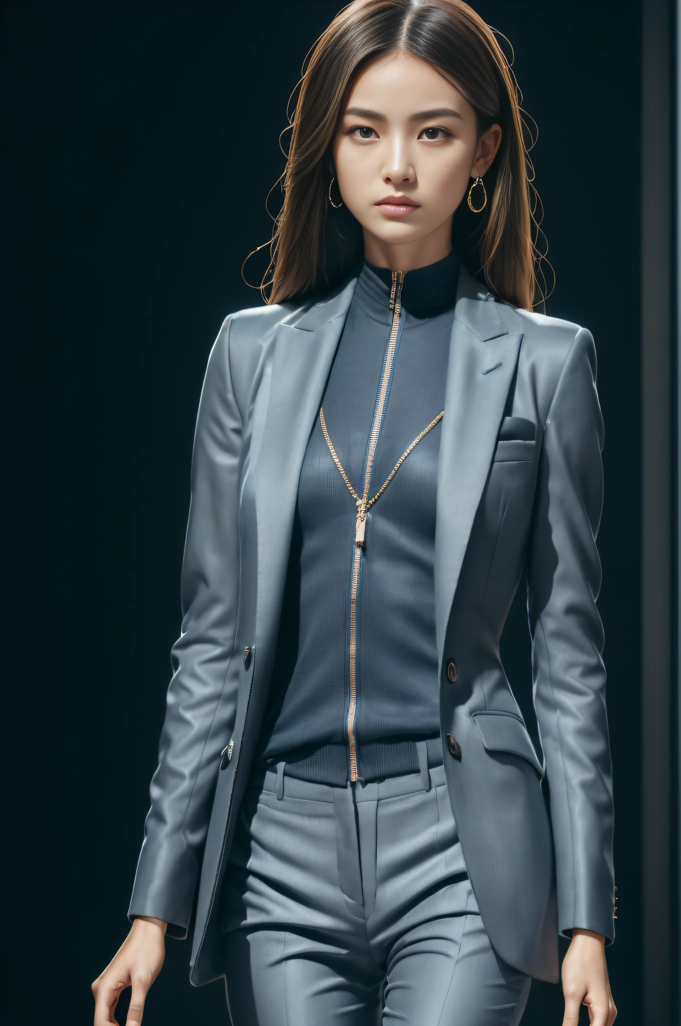 (Masterpiece:1.3), (8K, Photorealistic, Raw photography, Best Quality:1.4), (1girl), Beautiful face, Realistic face, (Detailed face), Beautiful hairstyle, (Detailed hair), Realistic eyes, (Detailed eyes), Beautiful details, Realistic skin, (Detailed skin), Beautiful skin, Attractive, Ultra high definition, A hyper-realistic, Very detailed, (medium breasts), Japanese beauty, (slim figure), (arafed image of a woman in a blue suit and pants, modern maximalist suit, intricate suit, 2 0 2 0 fashion, '20, focus on art nouveau suit, thierry mugler, by Alexander McQueen, wearing fashion suit, wearing an ornate suit, teal suit, mugler, luxurious suit), cute young Japanese girl, pretty young Japanese girl, (dark gray gradation background)