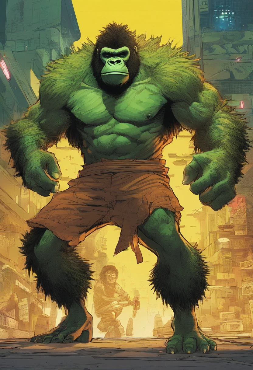 Ancient forest, ten meters tall orangutan, King Kong, chest beating, roaring, ferocity, horror, surrealism