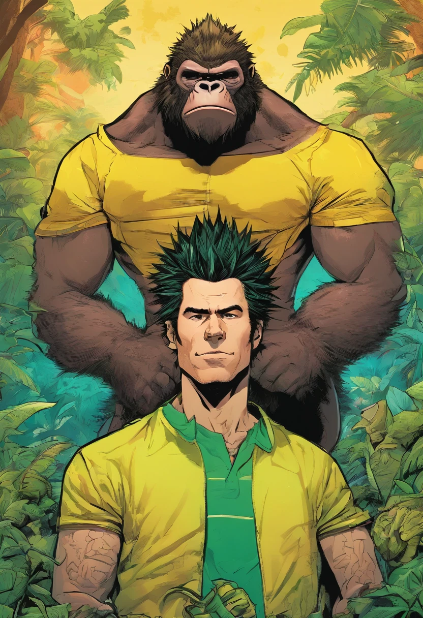 Man with gorilla body and human head with very spiky spiky hair, com o cabelo Verde amarelo espetado,com armadura Sayajin cial, muito forte, furioso,com rabo de macaco e aura verde florescente, 4k
