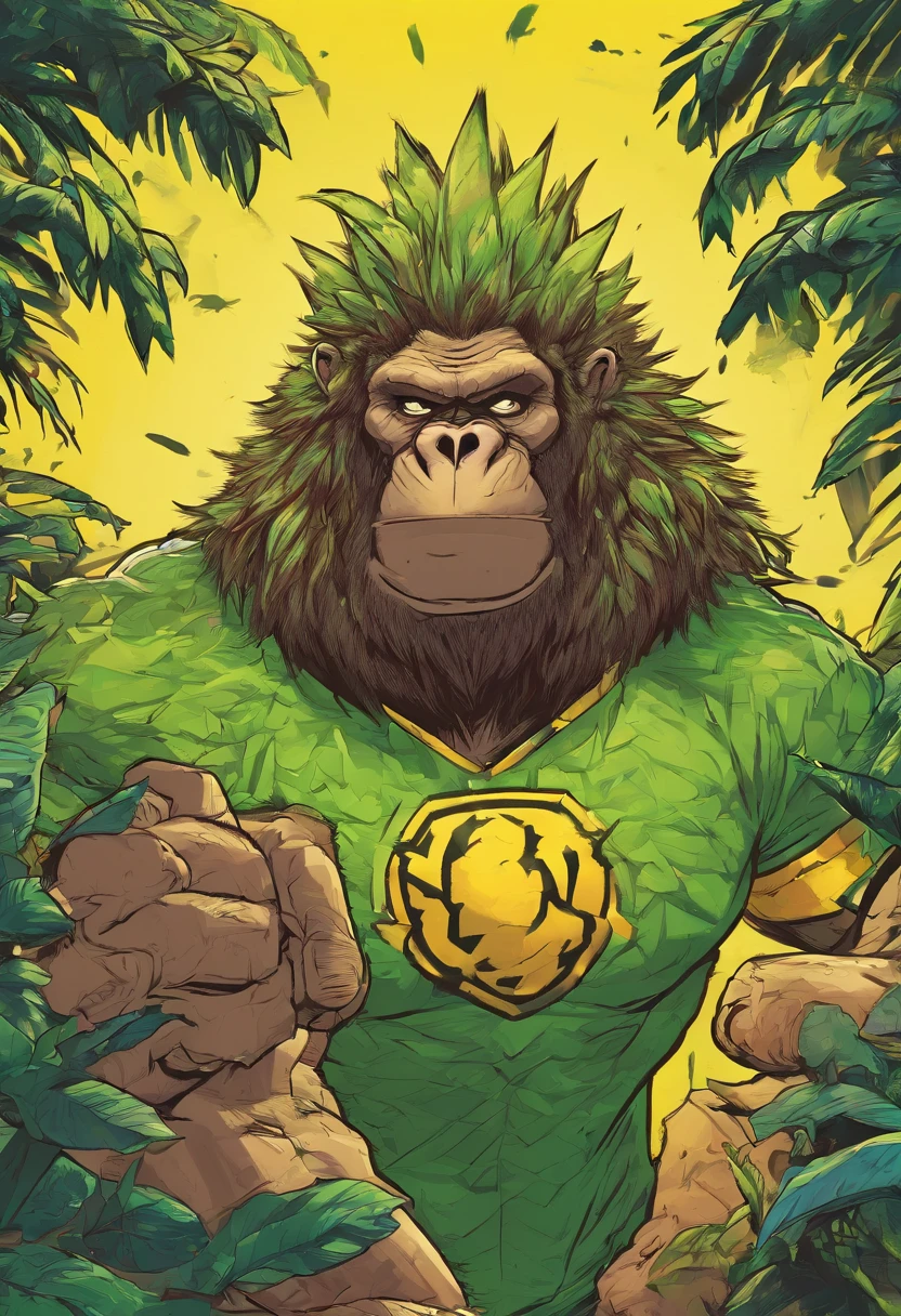 Man with gorilla body and human head with very spiky spiky hair, com o cabelo Verde amarelo espetado,com armadura Sayajin cial, muito forte, furioso,com rabo de macaco e aura verde florescente, 4k
