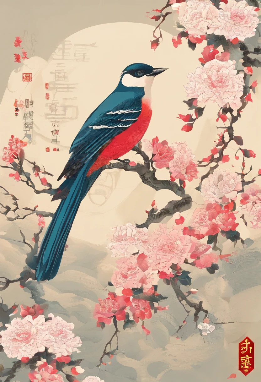 Sting,Traditional Chinese solar terms,(((Monthly flowers))),National style,Ink wind,rained,(thunders),solid color backdrop,There is an oriole bird,closeup cleavage,Landscape view,Don't be characterized,Don't be characterized