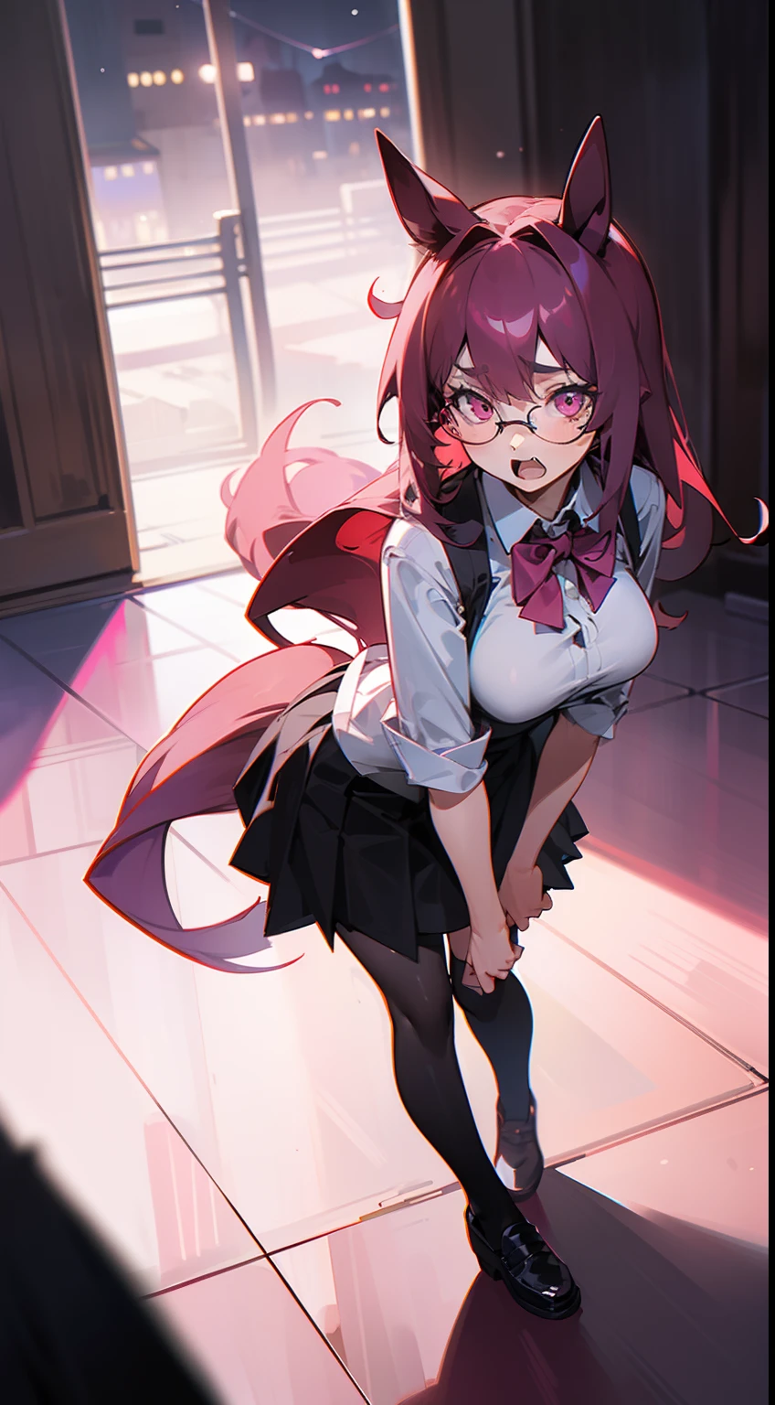 1girl,20s,solo,serious face,white school shirt,black scholl skirt,medium tits,dark pink hair,long hair,pink eyes,horse ears,horse tail,holding paper,leaning forward,open mouth,glasses,hair covering one eye,(((standing in front of a room in night))),night