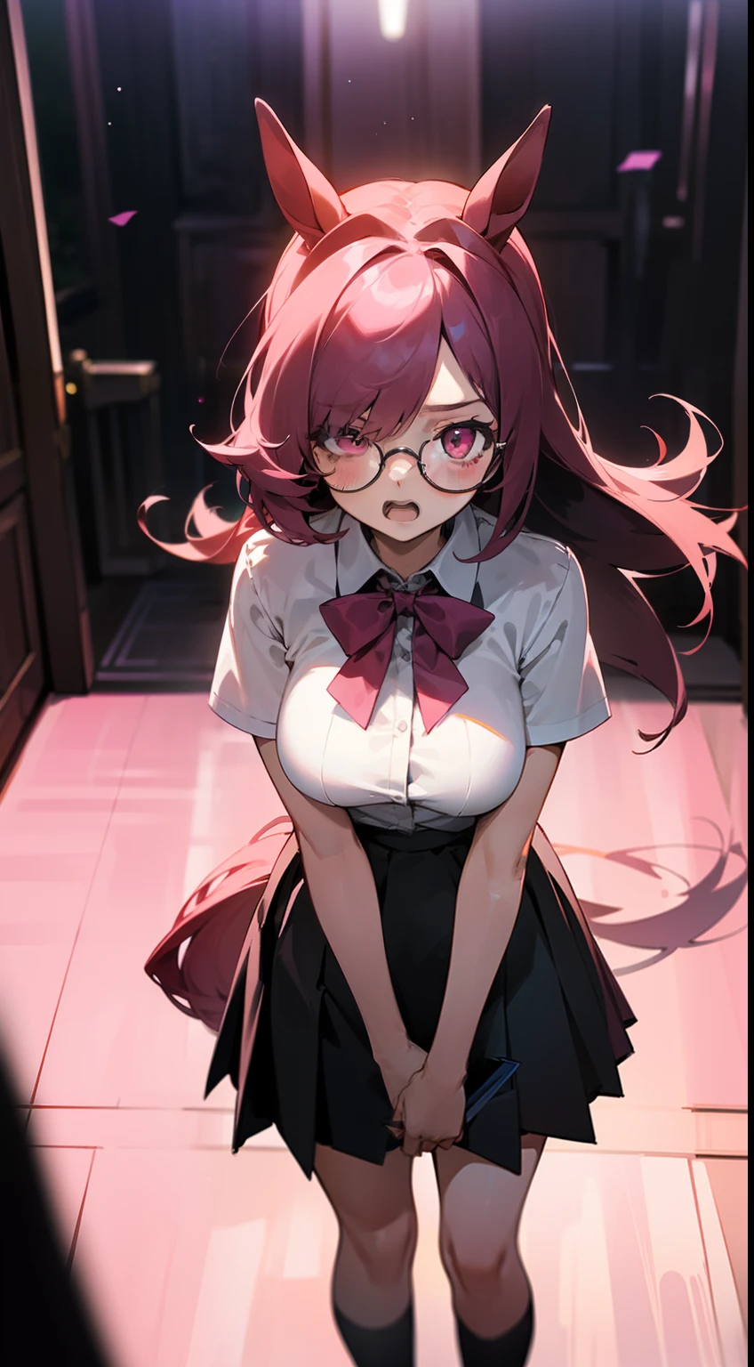 1girl,20s,solo,serious face,white school shirt,black scholl skirt,medium tits,dark pink hair,long hair,pink eyes,horse ears,horse tail,holding paper,leaning forward,open mouth,glasses,hair covering one eye,(((standing in front of a room in night))),night