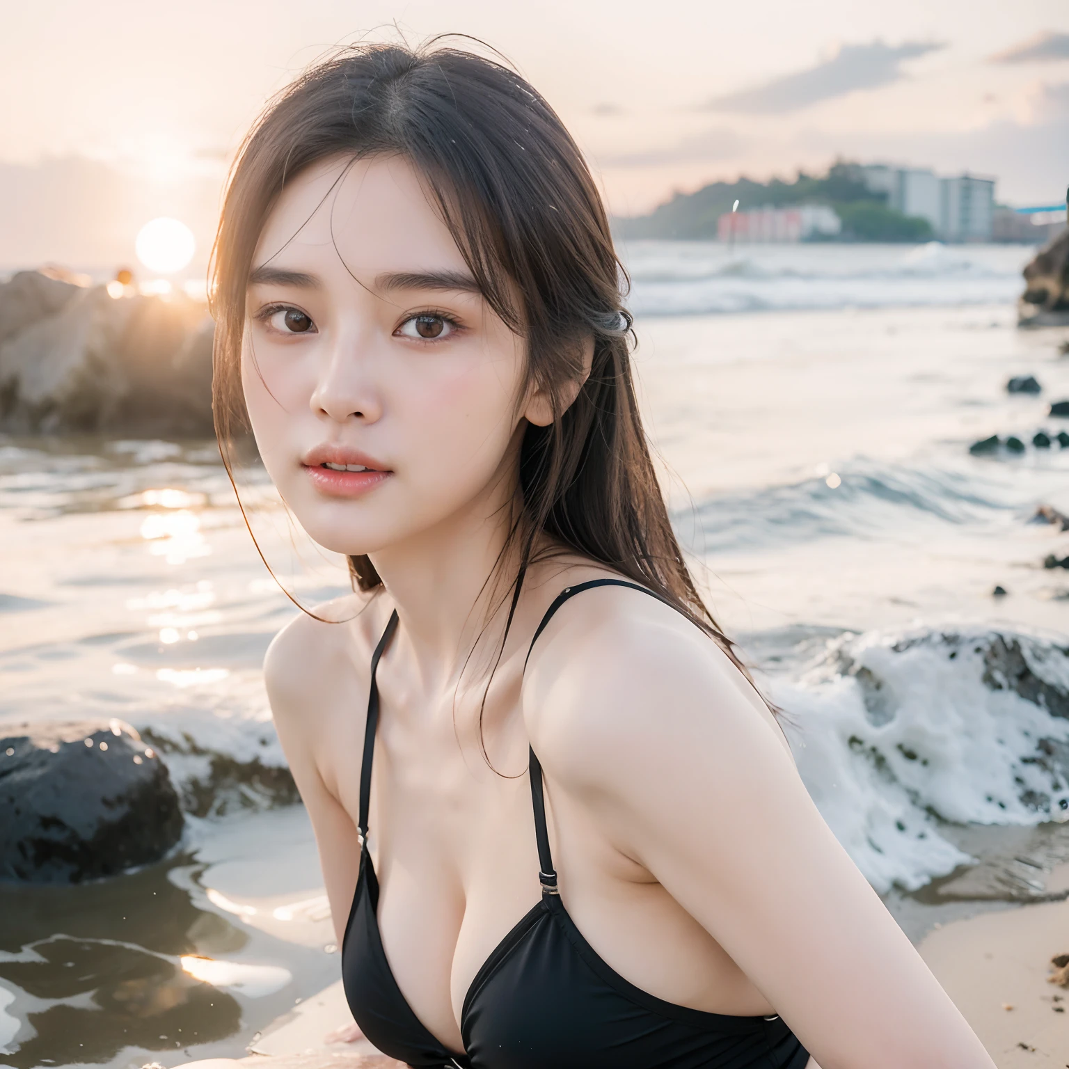 araffe asian woman in a black bikini sitting on the beach, gorgeous young korean woman, beautiful south korean woman, beautiful young korean woman, korean girl, beautiful asian girl, beautiful asian woman, korean woman, gorgeous chinese model, hot with shining sun, soft portrait shot 8 k, is wearing a swimsuit, young beautiful woman, beautiful young asian woman, japanese model