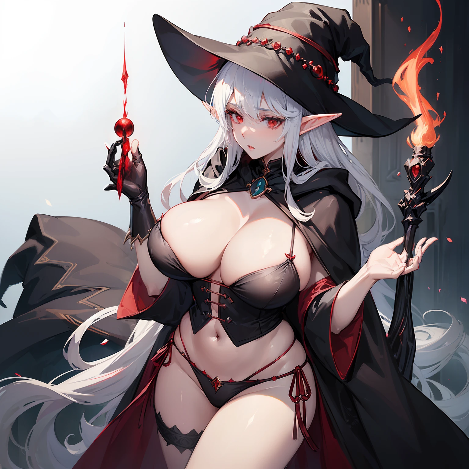 (((beautiful female sorceress))) (((exaggeratedly large breasts))) (((black wizard cloak and hat))) (((red eyes and white hair))) (((black lingerie))) (((alone elf)))