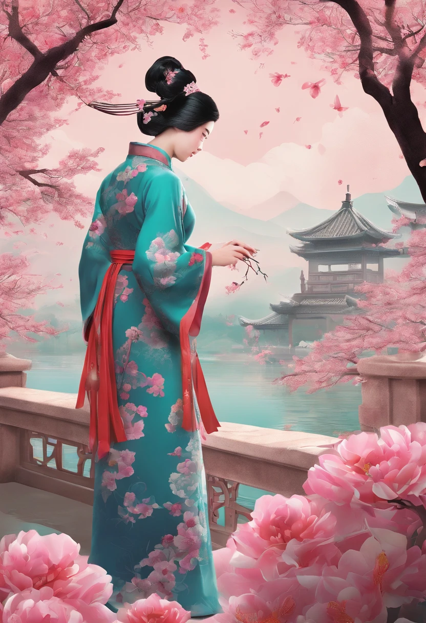 Sting,Spring Thunder,(Rosa flowers),(Rosa flowers),Traditional Chinese garden,A woman standing next to a flower in Hanfu,Landscape of people