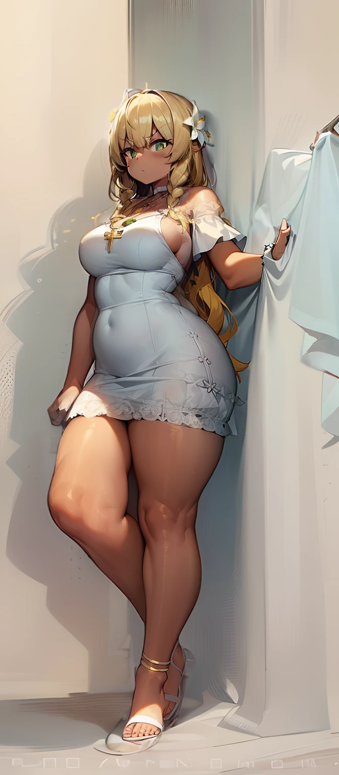 white summer dress, cleavage, cross necklace, hair flower, wavy shoulder length yellow hair, thick black eyebrows, angry, green eyes, dark skin, green eyes, small breasts, thick thighs, short, broad hips, chubby, muscular arms, girl,