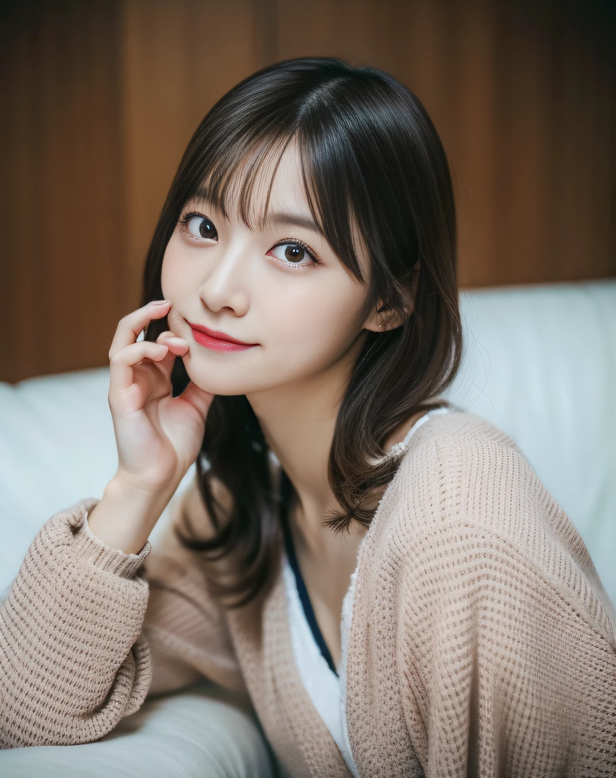 Wearing sexy pajamas, Graceful figure, Coquettish, Study room, sofa, Random captivating moves, Facing the camera, Imaginative, First love、Sleepy face、Japan Person Model、Young Sensual Gravure Idol、Young cute gravure idol、Realistic Young Gravure Idol、Realistic sensual gravure idol、Young gravure idols、sophisticated gravure idol、奈良美智、Young skinny gravure idol、beautifull asian girl ever、A smile、full body Esbian、Pretty women、(dark brown hair)、hyperdetailed face、A detailed eye、二重まぶた、blured background、(4K、RAW Photos、top-quality、masters:1.2)、(reallistic、Photorealsitic:1.37)、cute little