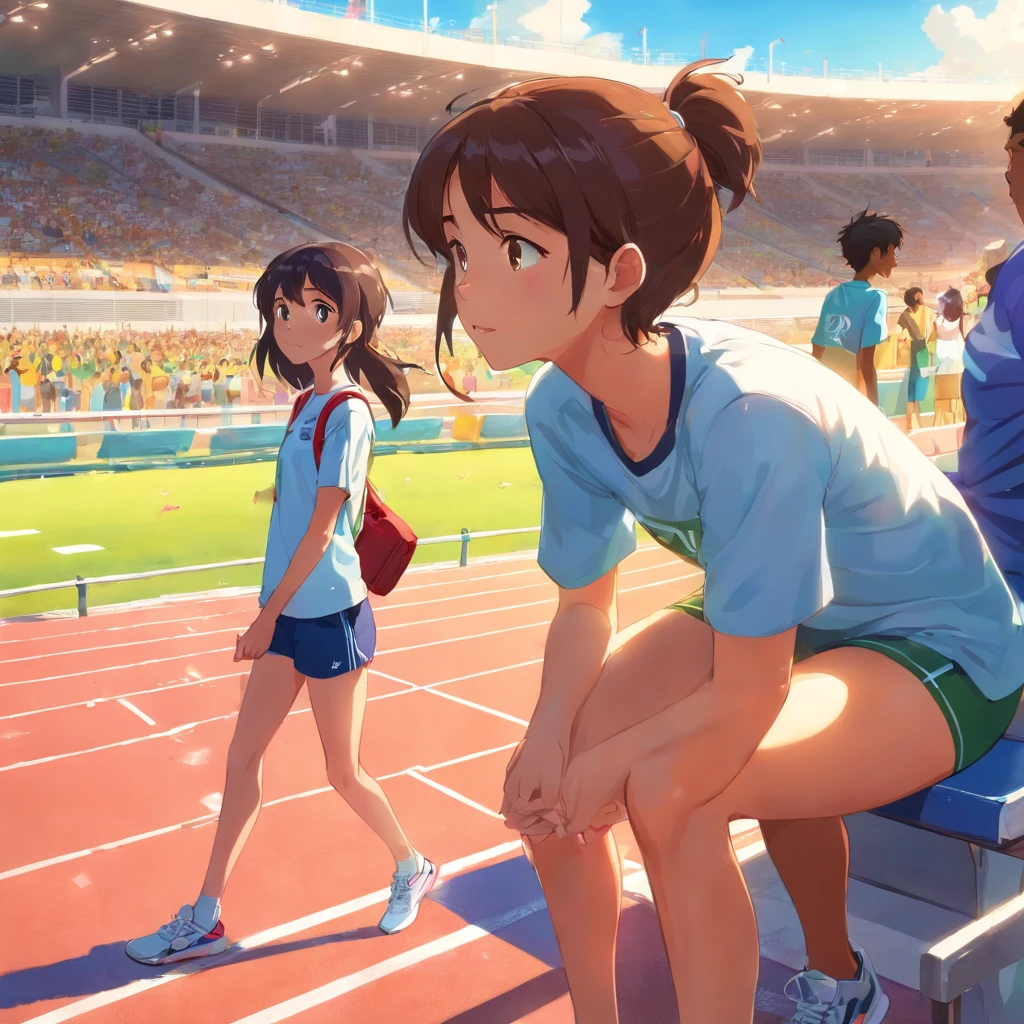 a scene andAthletics coach is next to a girl who is sitting in the bleachers, observando atentamente alguns atletas correndo na pista de atletismo. The coach is remarkably tall, Standing out from the crowd. She wears typical sneaker clothes, incluindo uma camiseta esportiva amarela, yellow shorts, Sneakers and a clipboard in your hands. The girl seems to be completely absorbed in the action, com os olhos fixos nos corredores que passam por ela. The tall coach is next to the girl, observando a pista com um olhar atento e orgulhoso. Ela tem um sorriso discreto no rosto, demonstrating his support for the girl and his passion for the sport. The athletics track in front of you is illuminated by the sun, destacando os corpos suados dos corredores em movimento, enquanto a menina e sua treinadora alta permanecem ali, maravilhadas com a cena diante delas.