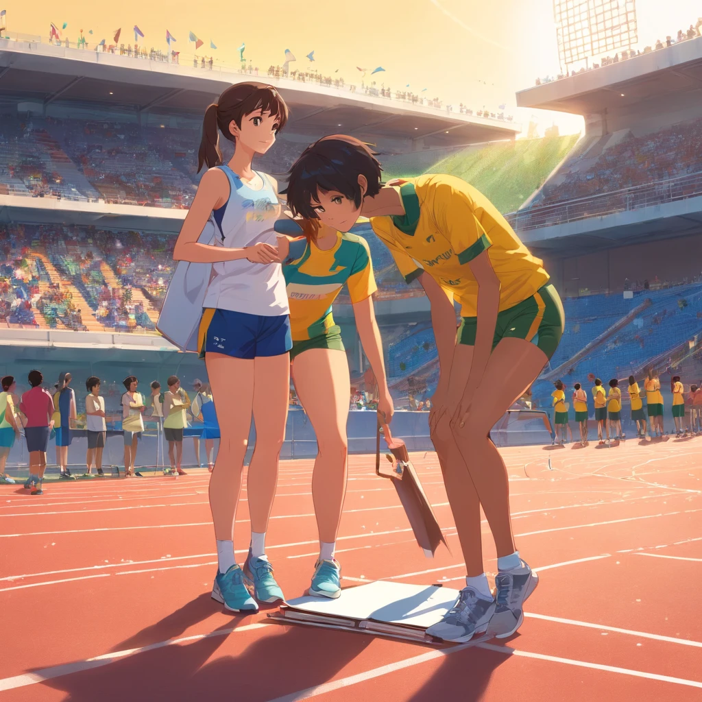 a scene andAthletics coach is next to a girl who is sitting in the bleachers, observando atentamente alguns atletas correndo na pista de atletismo. The coach is remarkably tall, Standing out from the crowd. She wears typical sneaker clothes, incluindo uma camiseta esportiva amarela, yellow shorts, Sneakers and a clipboard in your hands. The girl seems to be completely absorbed in the action, com os olhos fixos nos corredores que passam por ela. The tall coach is next to the girl, observando a pista com um olhar atento e orgulhoso. Ela tem um sorriso discreto no rosto, demonstrating his support for the girl and his passion for the sport. The athletics track in front of you is illuminated by the sun, destacando os corpos suados dos corredores em movimento, enquanto a  e sua treinadora alta permanecem ali, maravilhadas com a cena diante delas.