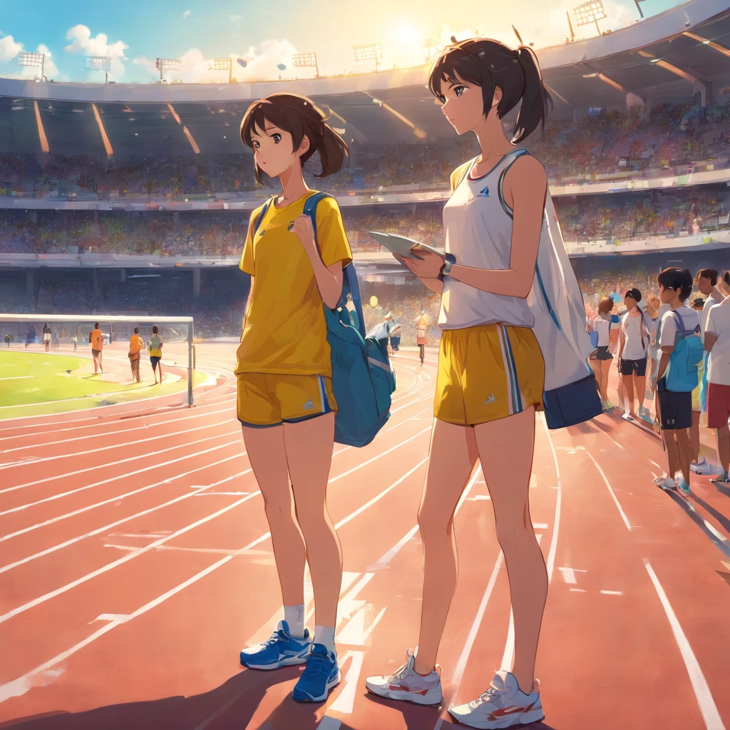 a scene andAthletics coach is next to a girl who is sitting in the bleachers, observando atentamente alguns atletas correndo na pista de atletismo. The coach is remarkably tall, Standing out from the crowd. She wears typical sneaker clothes, incluindo uma camiseta esportiva amarela, yellow shorts, Sneakers and a clipboard in your hands. The girl seems to be completely absorbed in the action, com os olhos fixos nos corredores que passam por ela. The tall coach is next to the girl, observando a pista com um olhar atento e orgulhoso. Ela tem um sorriso discreto no rosto, demonstrating his support for the girl and his passion for the sport. The athletics track in front of you is illuminated by the sun, destacando os corpos suados dos corredores em movimento, enquanto a  e sua treinadora alta permanecem ali, maravilhadas com a cena diante delas.