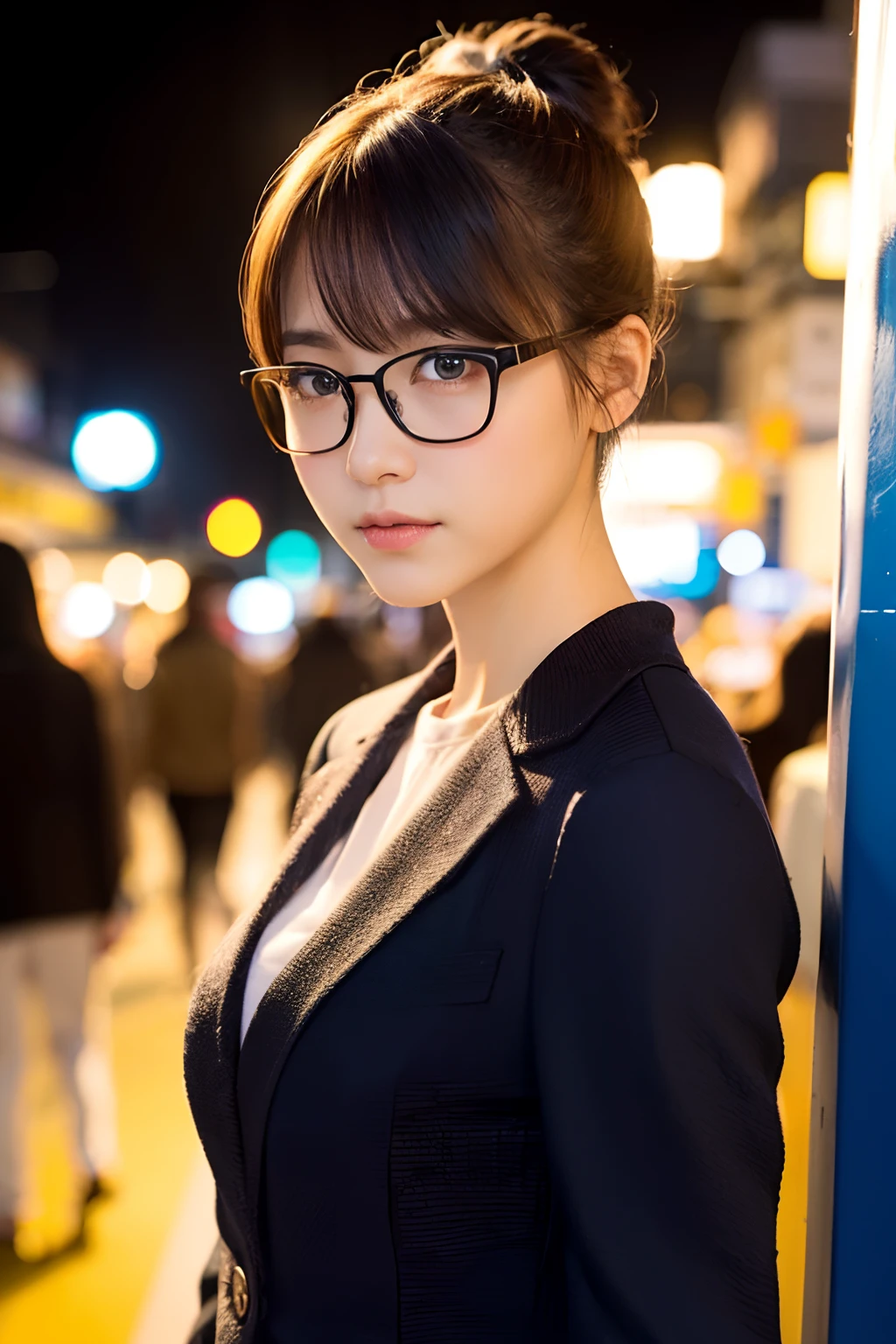 (8K、Raw photography、top-quality、masterpiece:1.2)、(realisitic、Photorealsitic:1.37)、ultra-detailliert、超A high resolution、 1 人、see the beholder、beautifull detailed face、Smile、Constriction、(Slim waist) :1.3)、Blazer、Beautiful detailed skin、Skin Texture、Floating hair、Hair bunched into one、large breasts with good shape、Professional Lighting、Autumn twilight、In front of the station、(((Black square glasses )))、Whole human body、Black hair、((Shameful appearance))、