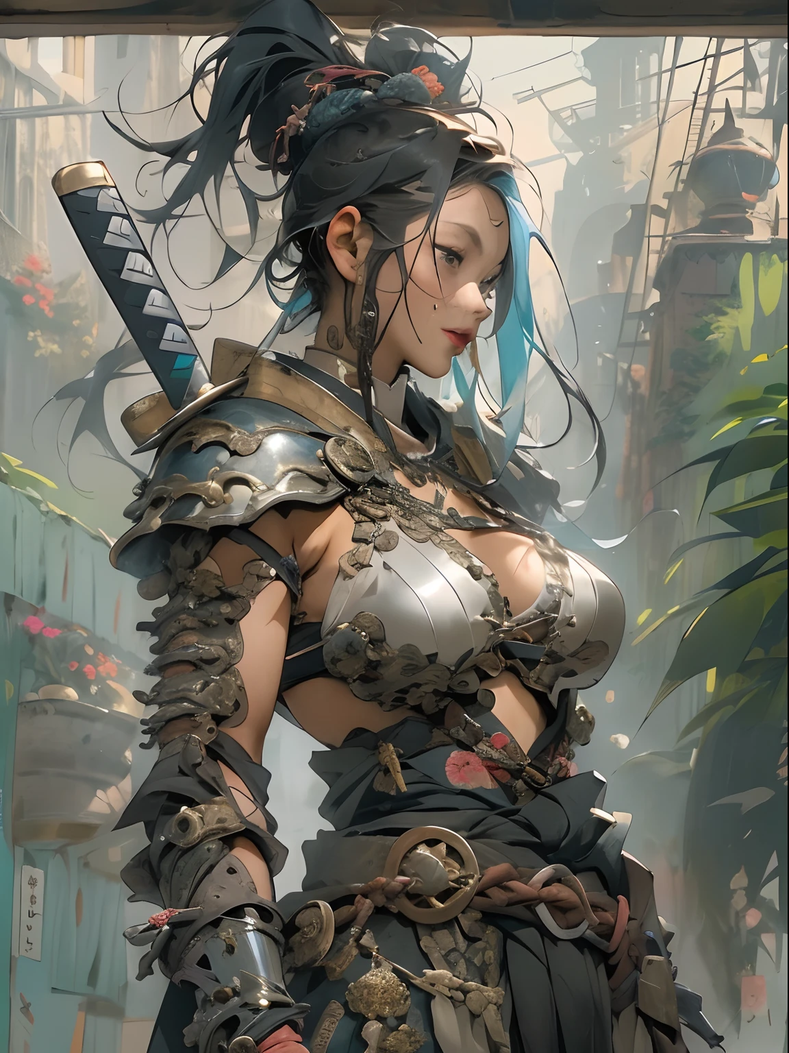 (((woman))), (((best qualityer))), (((tmasterpiece))), (((AS-Adult))), ((( Japanese ))), Look up from your knees, A beautiful asian samurai woman with perfect body, Modern samurai, ((( Asian))), Wear gloves on your hands,The left arm is made of steel and metal tips,Made of protective devices, The eyes are pulled, (( Appears below the breast )), (( Small dental floss )), Simon Bisley, Almost naked(Simon Bisley)Castle City Wilderness,For high-resolution posters, hair straight, Minimum clothing, armure (Crazy clothes ), Full of tips and rivets, tribal tattoos, (((full bodyesbian))), Straight brunette hair,Colored hair ends
