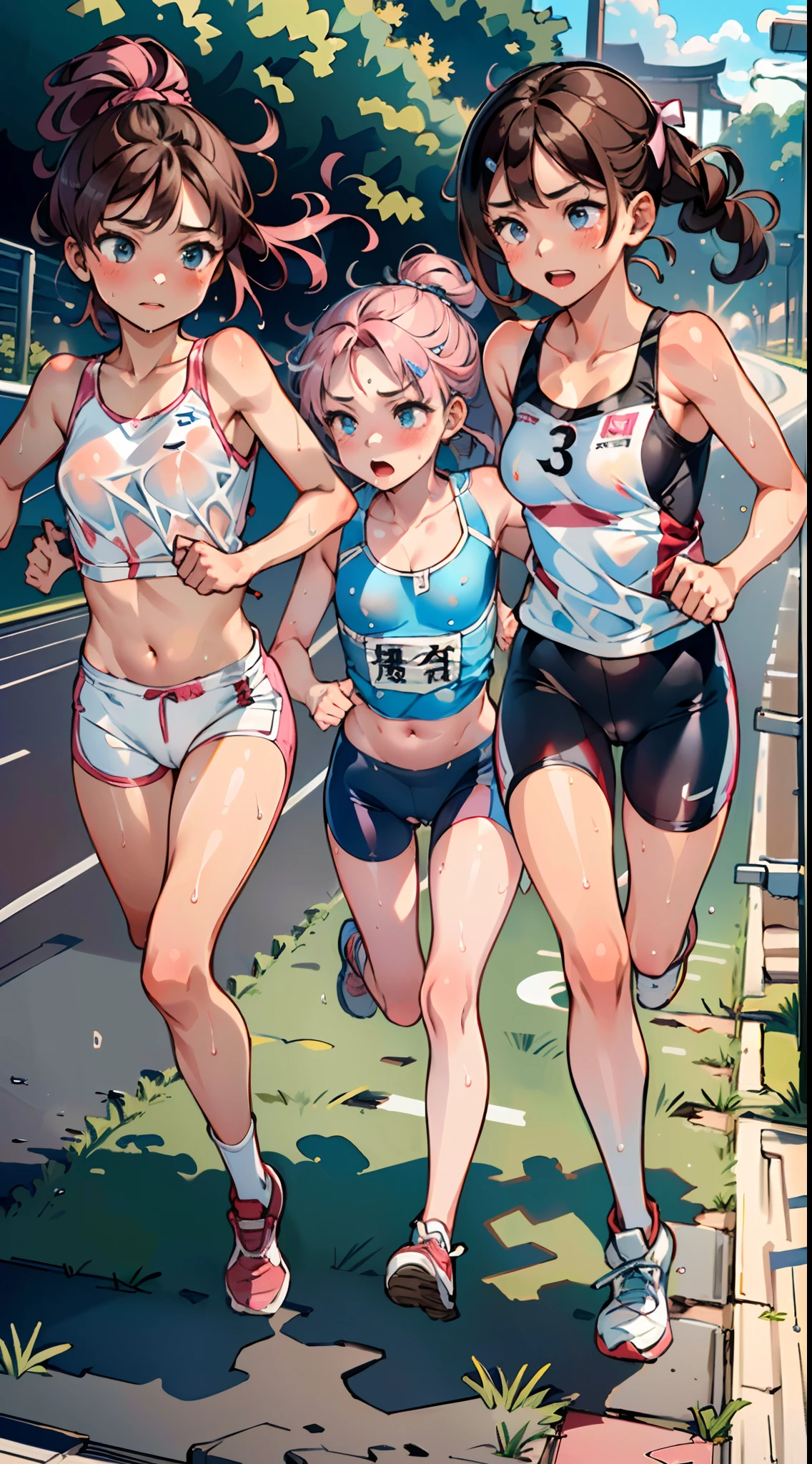 masterpiece, best quality, ultra-detailed, illustration, an extremely delicate and beautiful,high resolution, ultra-detailed,,perfect face,slender perfect body, Tight belly,Toned buttocks,Constricted waist,,(3 girls to running:1.7), yo,(1girl to pink hair,1girl to white hair,1girl to brown hair), (1girl to very short hair,1girl to braided long hair,1girl to okappa hair),(hachimaki), shy daughter, short stature, small tits,(race bra),(flom track and field), (fashionable track and field athlete),(bike shorts), small tits, (wet:1.2), track and field,stadium,((very wide shot )),(cameltoe),( sweaty skin:1.2)