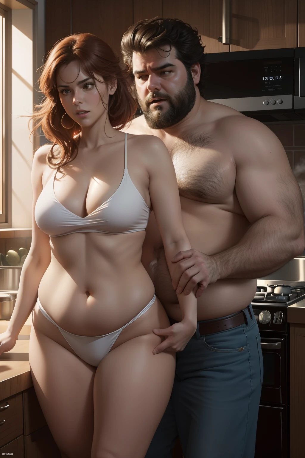 Digital illustration, a ((sexy and slim woman)), and a (chubby and hairy man) having a heated argument in the kitchen, energetic and intense scene, in the Style of Jean "Moebius" Girard and Milo Manara. Resolution: 8K, highly detailed."