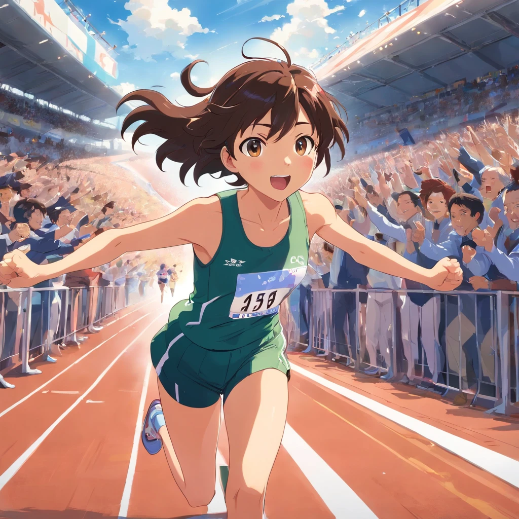 an exciting scene in which the girl is at the finish line of a race, about to cross it. She's running with all her might, seu corpo inclinado para a frente enquanto cruza a linha de chegada. The arrival tape is about to be broken, And the girl is on the verge of victory. His face radiates determination and triumph, seus olhos fixos no horizonte. The spectators in the stands are ecstatic, cheering and shouting to support her. This is a scene of success and accomplishment, capturing the exact moment the girl reaches the finish line in a thrilling race.