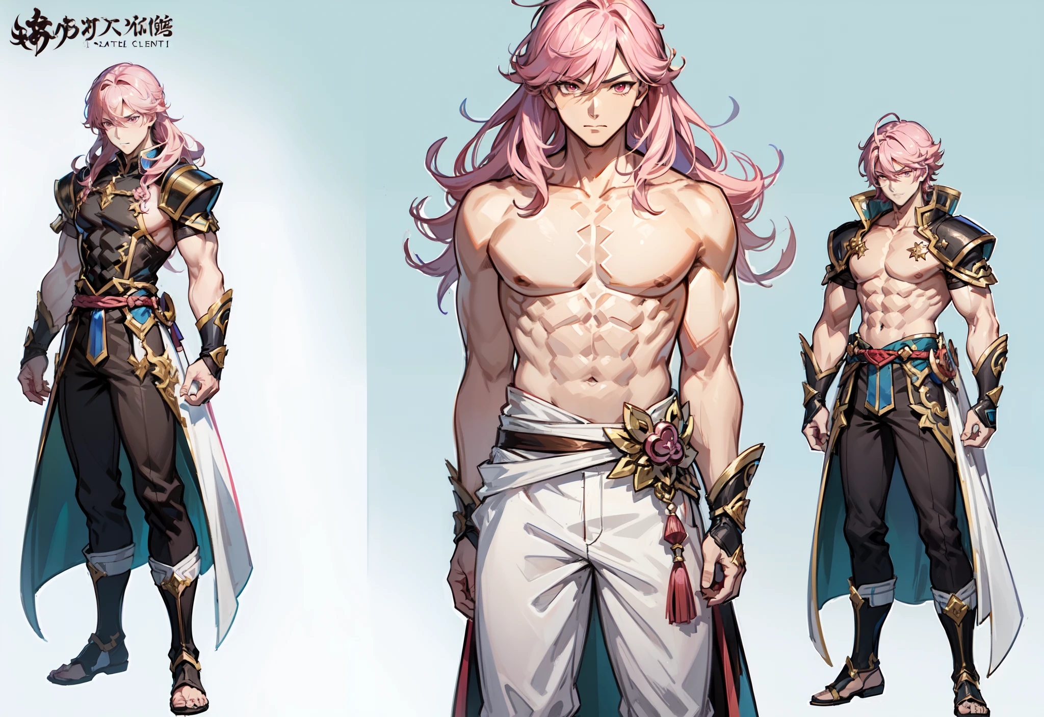 1boy, single, asian boy, in GRANBLUE FANTASY style and Yusuke Murata, reference sheet, character design, front angle, side angle, rear angle, dynamic poses, tall man, muscle tall male, (masterpiece:1.2), (best quality:1.3), fantasy outfit, muscle body, athletic muscle body. (Pink eyes), (long hair), (long bangs), (pink hair), (pale skin), (reference sheet:1.5)