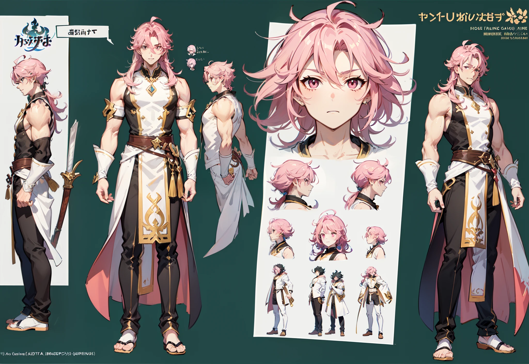 1boy, single, asian boy, in GRANBLUE FANTASY style and Yusuke Murata, reference sheet, character design, front angle, side angle, rear angle, dynamic poses, tall man, muscle tall male, (masterpiece:1.2), (best quality:1.3), fantasy outfit, muscle body, athletic muscle body. (Pink eyes), (long hair), (long bangs), (pink hair), (pale skin), (reference sheet:1.5)