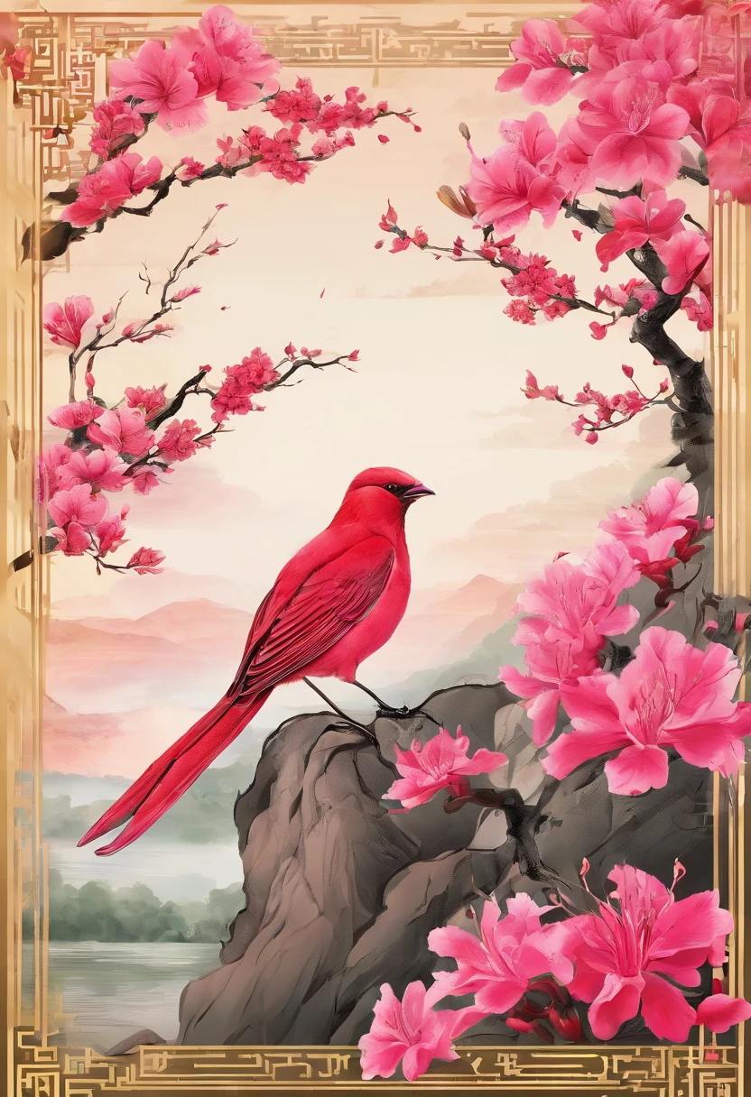 clear and bright，Traditional Chinese solar terms，(((azalea)))，National style，Ink wind，((rained))，solid color backdrop，There is a heavy bird，closeup cleavage，Landscape view，Don't be characterized，Don't be characterized