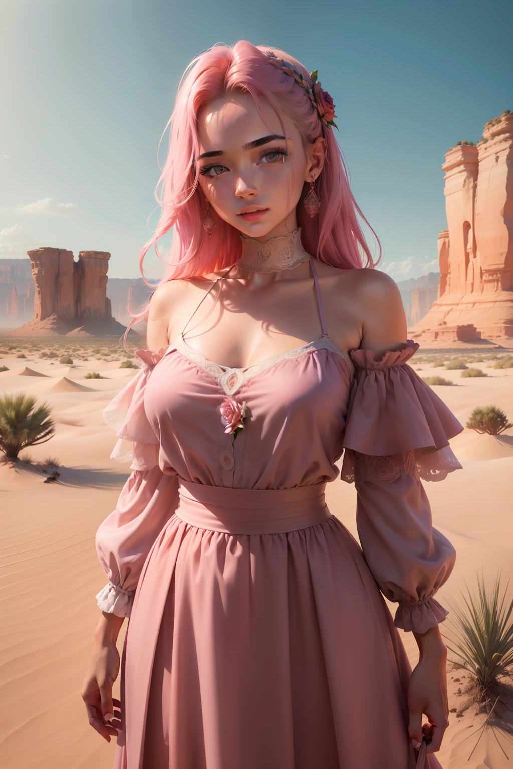 A girl in a desert garden, surrounded by vibrant pink clouds and lush, rose-covered terrain. The girl has mesmerizing, detailed eyes and lips that enhance her beauty. Her face and features are incredibly detailed, with long eyelashes that accentuate her eyes. She is gracefully posed, capturing the essence of summer, with a sense of warmth and tranquility in her expression. The desert landscape is captured in the highest quality, with a 4k or 8k resolution, showcasing its breathtaking beauty. The rendering technique used is akin to that of ArtStation, creating a visually stunning and realistic representation. The use of a wide-angle lens adds depth and perspective to the scene, allowing the viewer to immerse themselves fully. The image is of the utmost quality, with ultra-detailed elements and a photorealistic appearance. The colors are vivid and vibrant, bringing the scene to life. The lighting is expertly captured, with studio lighting techniques that emphasize the girl and the surrounding landscape. This prompt combines the themes of summer, desert, pink clouds, rose-covered terrain, the work of James Gurney, ArtStation rendering, wide-angle lens, and high resolution to create a masterpiece.