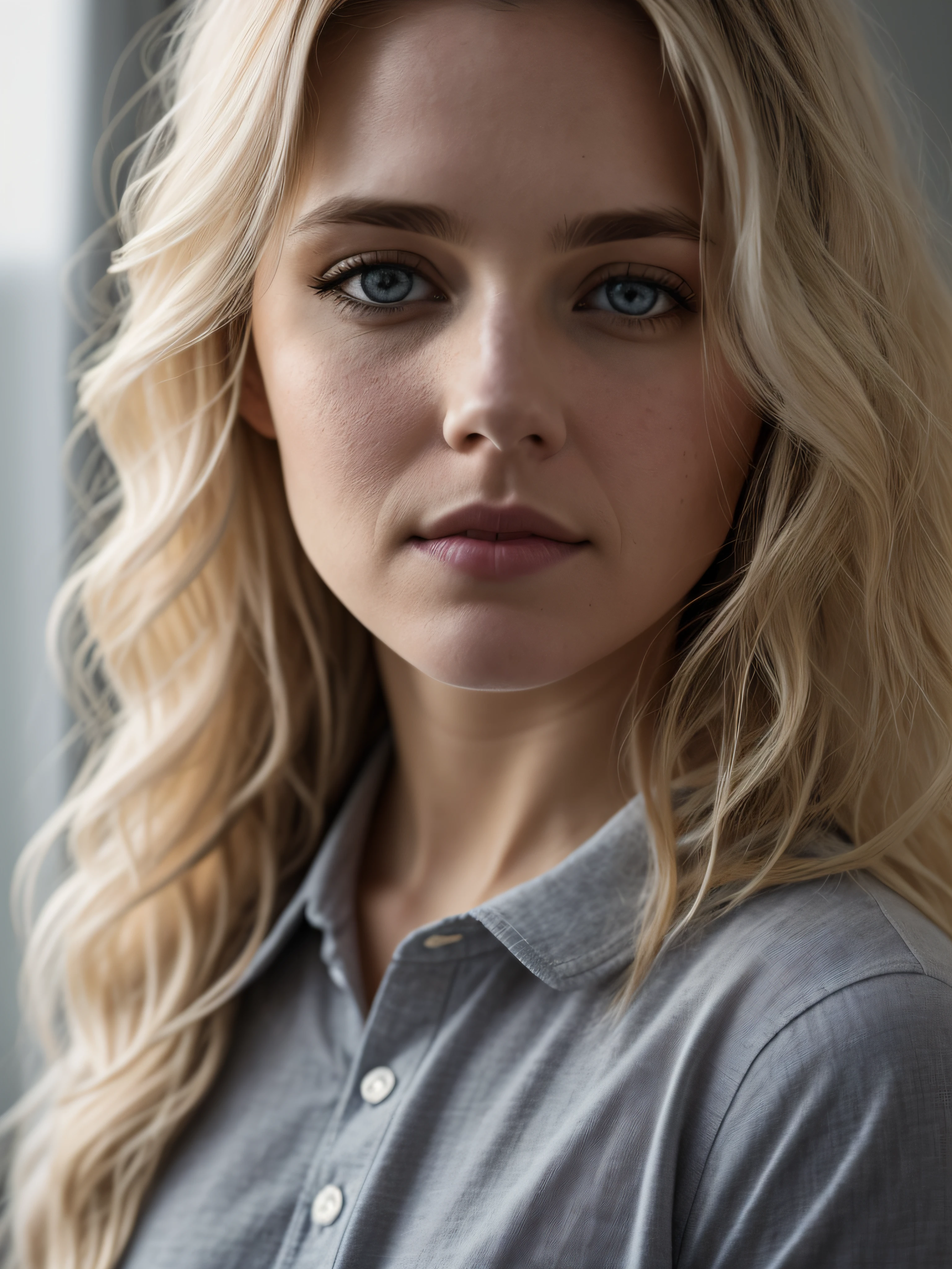 Close-up portrait photos are separated, 32 years old.o white woman, wearing gray shirt, wavy dirty-blonde hair, Cinematic shot, Very dark dramatic blind lighting