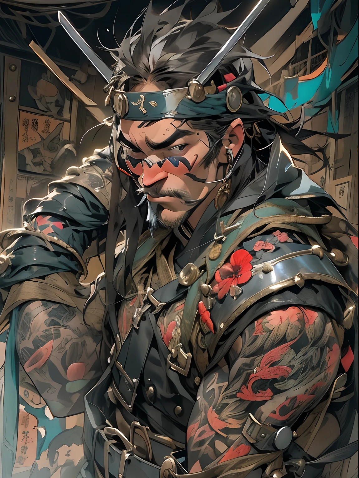 (((mtu))), (((best qualityer))), (((tmasterpiece))), (((AS-Adult))), ((( Japanese ))), Look up from your knees, Handsome Asian samurai,perfect body figure, Modern samurai, ((( Asian))), Wear gloves on your hands,The left arm is made of steel and metal tips,Made of protective devices, The eyes are pulled, (( Appears below the chest )), (( Small dental floss )), Simon Bisley, Almost naked(Simon Bisley)Castle City Wilderness,For high-resolution posters, hair straight, Minimum clothing, armure (Crazy clothes ), Full of tips and rivets, tribal tattoos, (((full bodyesbian))), Straight brunette hair,Colored hair ends