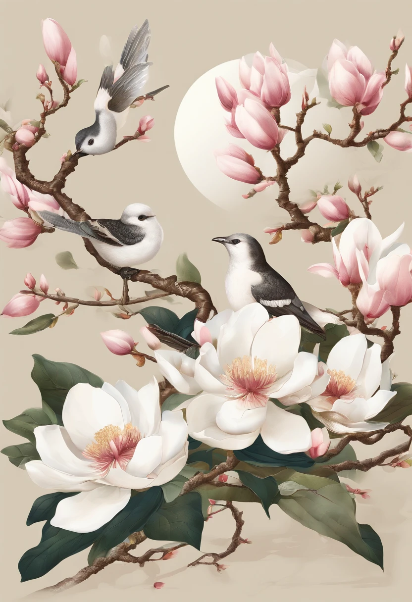 equinox，Traditional Chinese solar terms，(((Magnolia flowers)))，National style，Ink wind，There are swallows in the sky，closeup cleavage，Landscape view，Don't be characterized，Don't be characterized