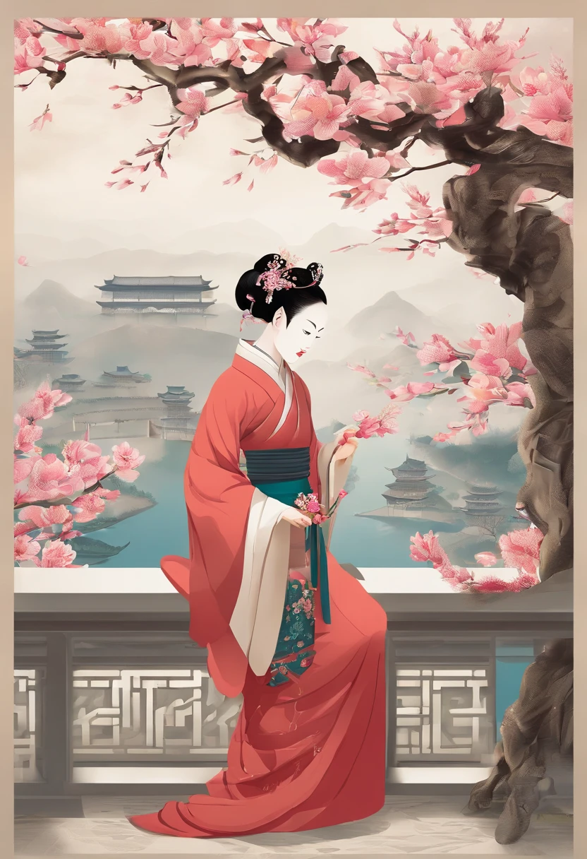 equinox，Magnolia flowers,golondrinas，chinese traditional architecture，A woman standing next to a flower in Hanfu，Landscape of people