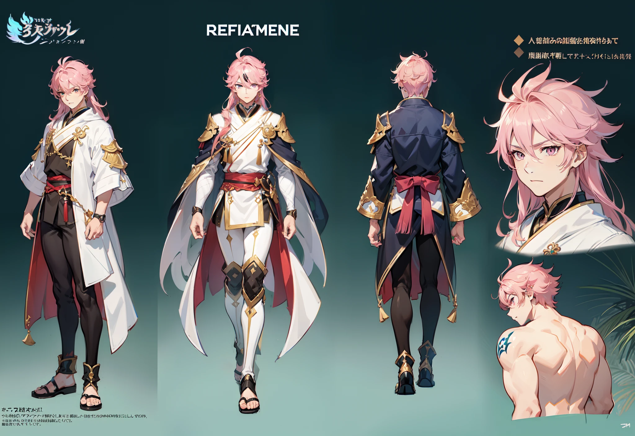 1boy, single, asian boy, in GRANBLUE FANTASY style and Yusuke Murata, reference sheet, character design, front angle, side angle, rear angle, dynamic poses, tall male, muscle tall male, (masterpiece:1.2), (best quality:1.3), ice fantasy outfit, muscle body, athletic muscle body. (Pink eyes), (long hair), (long bangs), (pink hair), (pale skin), (reference sheet:1.5)