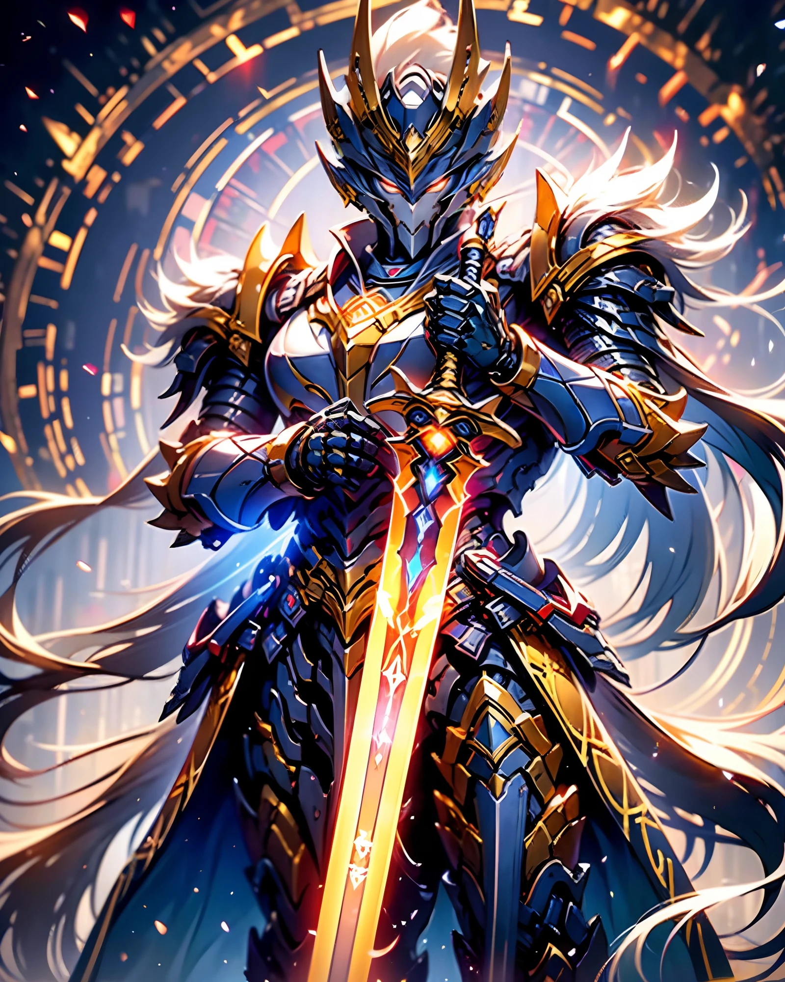 In a divine setting, a holy paladin stands strong, adorned in magnificent red and gold armor. The light-infused sword he wields emits a powerful glow, representing his unwavering devotion to justice. His armor gleams in the radiance of the (magewave:1.1) and the enchantment of (light magic:1.1). The image showcases the best quality and resolution, with details so sharp that every line and texture is visible. The colors are vibrant and eye-catching, capturing the essence of the paladin's noble aura. The lighting is meticulously crafted, emulating a professional studio setting, ensuring that every aspect of the scene is perfectly illuminated.