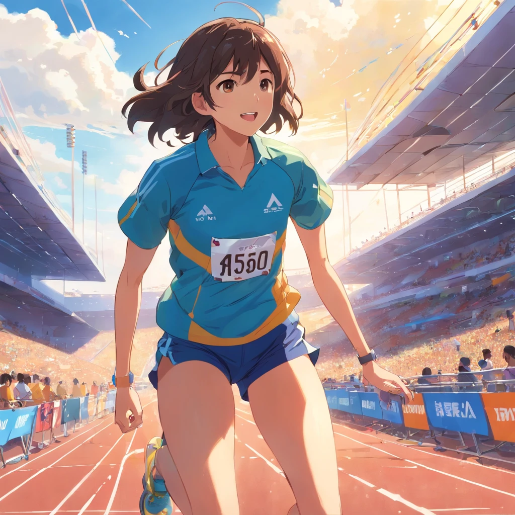 ma cena emocionante em que a treinadora, vestindo uma camisa esportiva amarela e shorts, is on the athletics track, next to the girl who is about to cross the finish line in an exciting race. The coach is on her feet, com os olhos fixos na garota enquanto ela se aproxima da linha de chegada. The arrival tape is about to be broken, And the coach is full of expectation and encouragement, incentivando a garota a dar tudo de si. The scene radiates the intensity and excitement of the race, com a treinadora compartilhando o momento crucial com sua atleta no meio da pista de atletismo