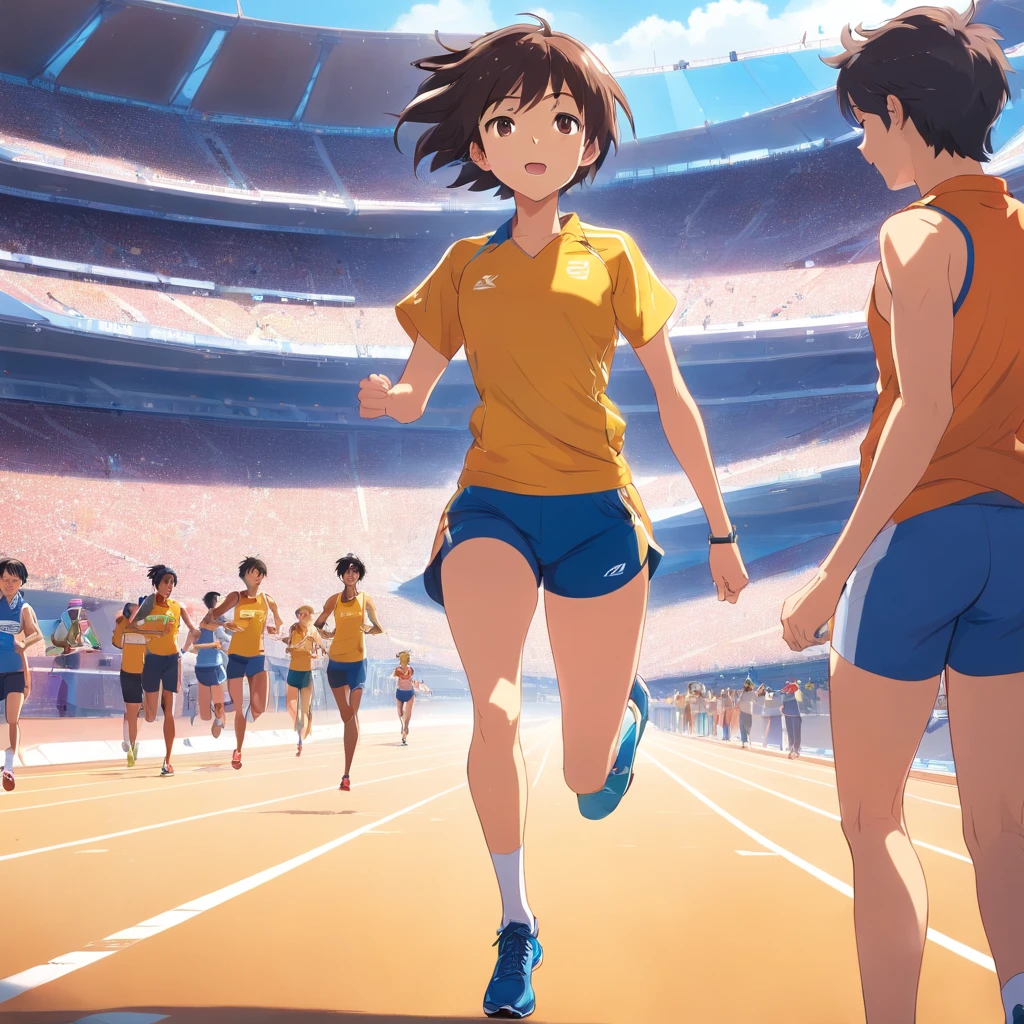 ma cena emocionante em que a treinadora, vestindo uma camisa esportiva amarela e shorts, is on the athletics track, next to the girl who is about to cross the finish line in an exciting race. The coach is on her feet, com os olhos fixos na garota enquanto ela se aproxima da linha de chegada. The arrival tape is about to be broken, And the coach is full of expectation and encouragement, incentivando a garota a dar tudo de si. The scene radiates the intensity and excitement of the race, com a treinadora compartilhando o momento crucial com sua atleta no meio da pista de atletismo