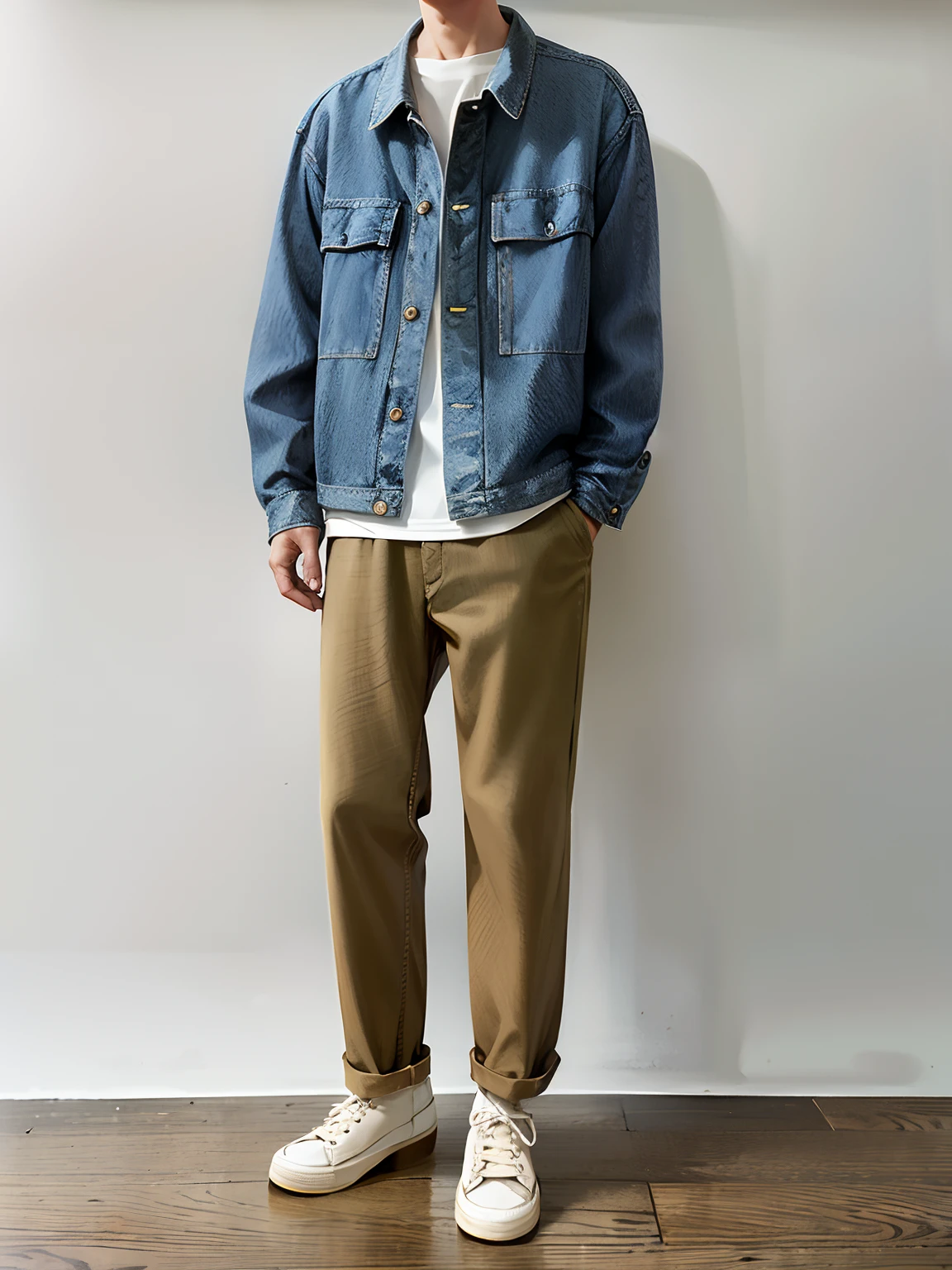 Arafede man in denim jacket and khaki pants standing on wooden floor, advertisement picture, detailed style, thisset style, Coveralls, with two front pockets, Ito, Simple style, white bg, dressed casually, Illustrator, Greg Rutkowski's style, Coveralls, Casual clothes, Full body picture, Hierarchical verbose, Brown pants, casual streetwear