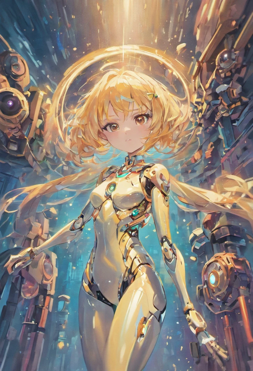 Metallic, youthful, robotic, bright, curious, round eyes, shiny, mechanical, innocent expression, metallic limbs, humanoid, glowing, synthetic, childlike, expressive face, animated features, artificial skin, glowing eyes, mechanical joints, robotic fingers, cheerful, endearing, vibrant, enigmatic, energetic, tech-infused, unique, friendly, otherworldly, whimsical, inquisitive, chrome, animated, charismatic, playful, youthful appearance, distinctive, technological, captivating, vibrant, robotic aura, lively, enchanting, mechanical charm.