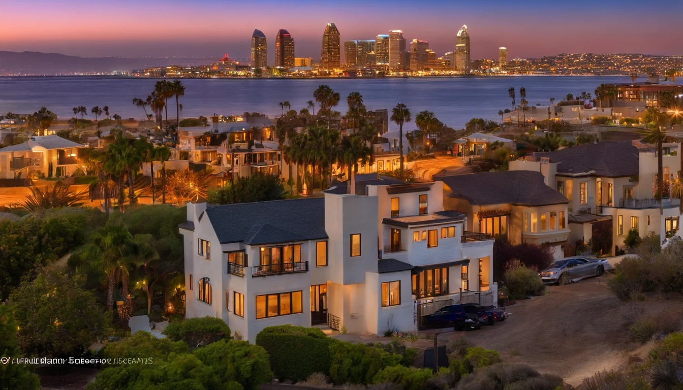 San Diego Real Estate, USA,Ordinary town house,Detached house,Background image of downtown San Diego,With the sunset as the background,Peaceful townhouse background,San Diego suburban residence