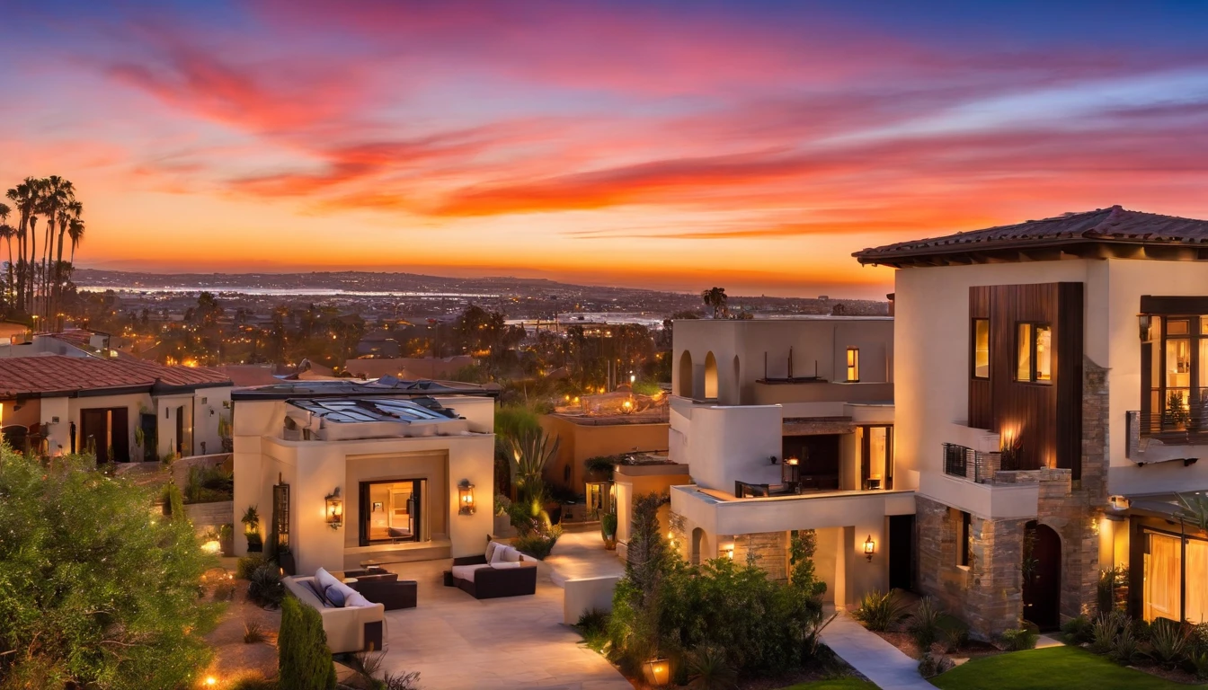 San Diego Real Estate, USA,Ordinary town house,Detached house,Background image of downtown San Diego,With the sunset as the background,Peaceful townhouse background,San Diego suburban residence