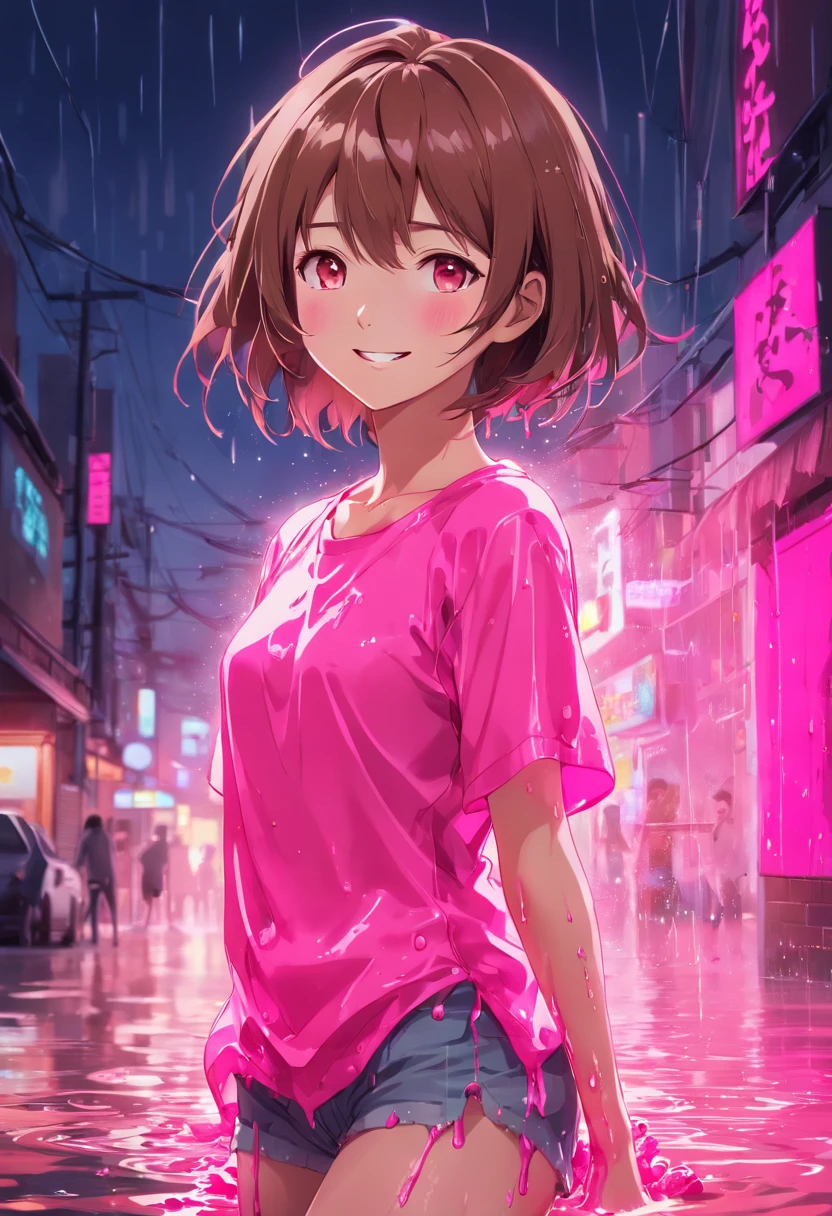 realisitic、hight resolution、1. Slender girl, , (Brown bob hair), A smile, (8K, masterpiece, Top image quality, Raw photo), action,((Fluorescent pink soggy liquid is clothed all over the body.:1.4)),((murky、Shining with black light:1.2)), nsfw