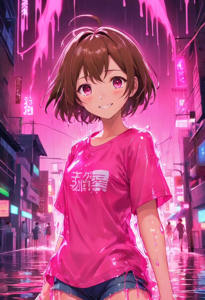 realisitic、hight resolution、1. Slender girl, , (Brown bob hair), A smile, (8K, ​masterpiece, Top image quality, Raw photo), action,((Fluorescent pink soggy liquid is clothed all over the body.:1.4)),((murky、Shining with black light:1.2)), nsfw