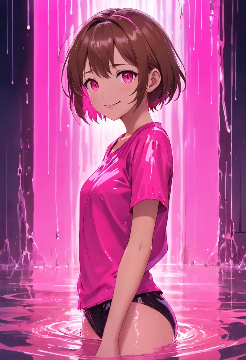 realisitic、hight resolution、1. Slender girl, , (Brown bob hair), A smile, (8K, masterpiece, Top image quality, Raw photo), action,((Fluorescent pink soggy liquid is clothed all over the body.:1.4)),((murky、Shining with black light:1.2)), nsfw