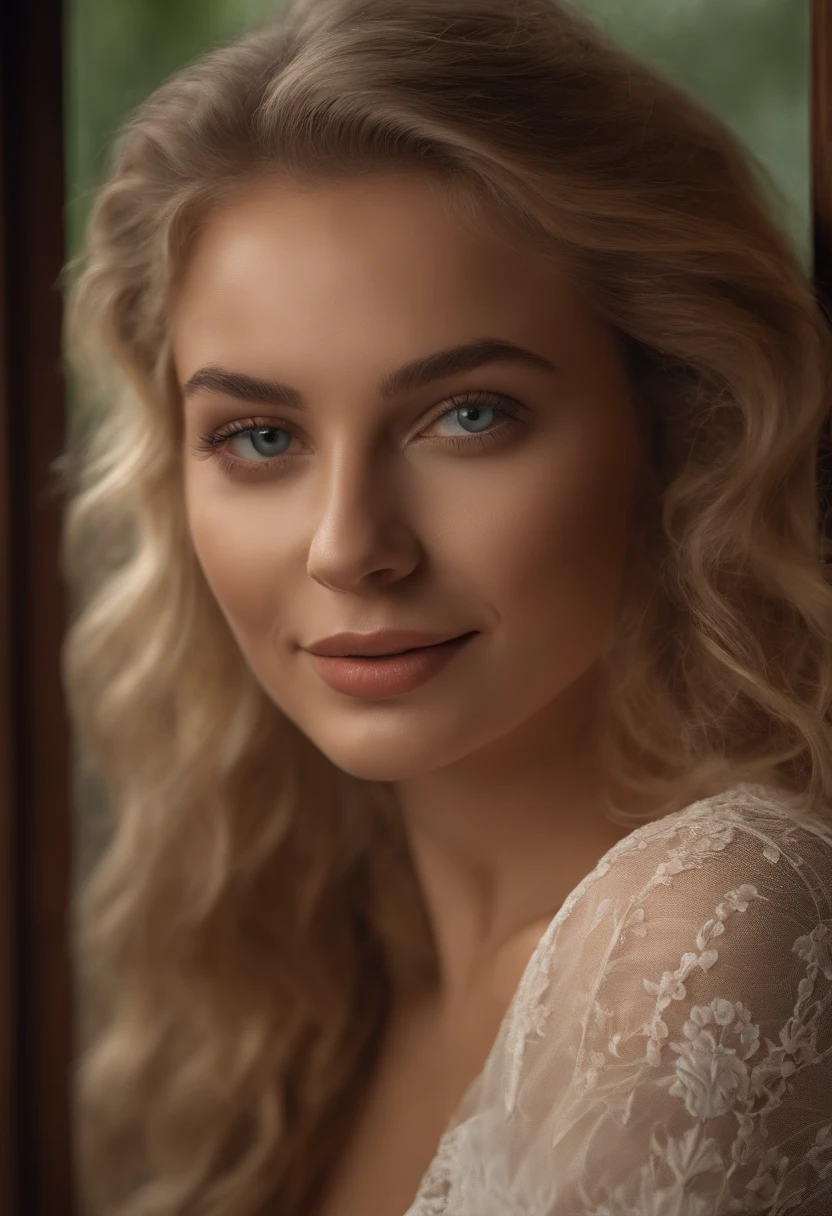 .RAW, analogique, Nikon Z 85mm,((Best quality)), ((Masterpiece)), ((Realstic)),image vintage, Magnifique femme russe, Blond, 22 ans, posing in a hotel in lingerie, porter de la lingerie petite, sourire avec des dents montrant, ((petits seins)), Intricate details, highly detailed, mise au point nette, professionnel, 4K, Rayons divins, hand model, Superbes yeux bruns, petite, high resolucion, Detailed facial features, High detail, mise au point nette, lisse, Extremely detailed, photo_\(ultra\), photoreallistic, Realstic, Post-traitement, max detail, roughness, real life, ultra realist, photorealism, 8K UHD, SEMI-SILHOUETTE light, Visage slave, longs cheveux blon, Beaux cheveux, Face of character