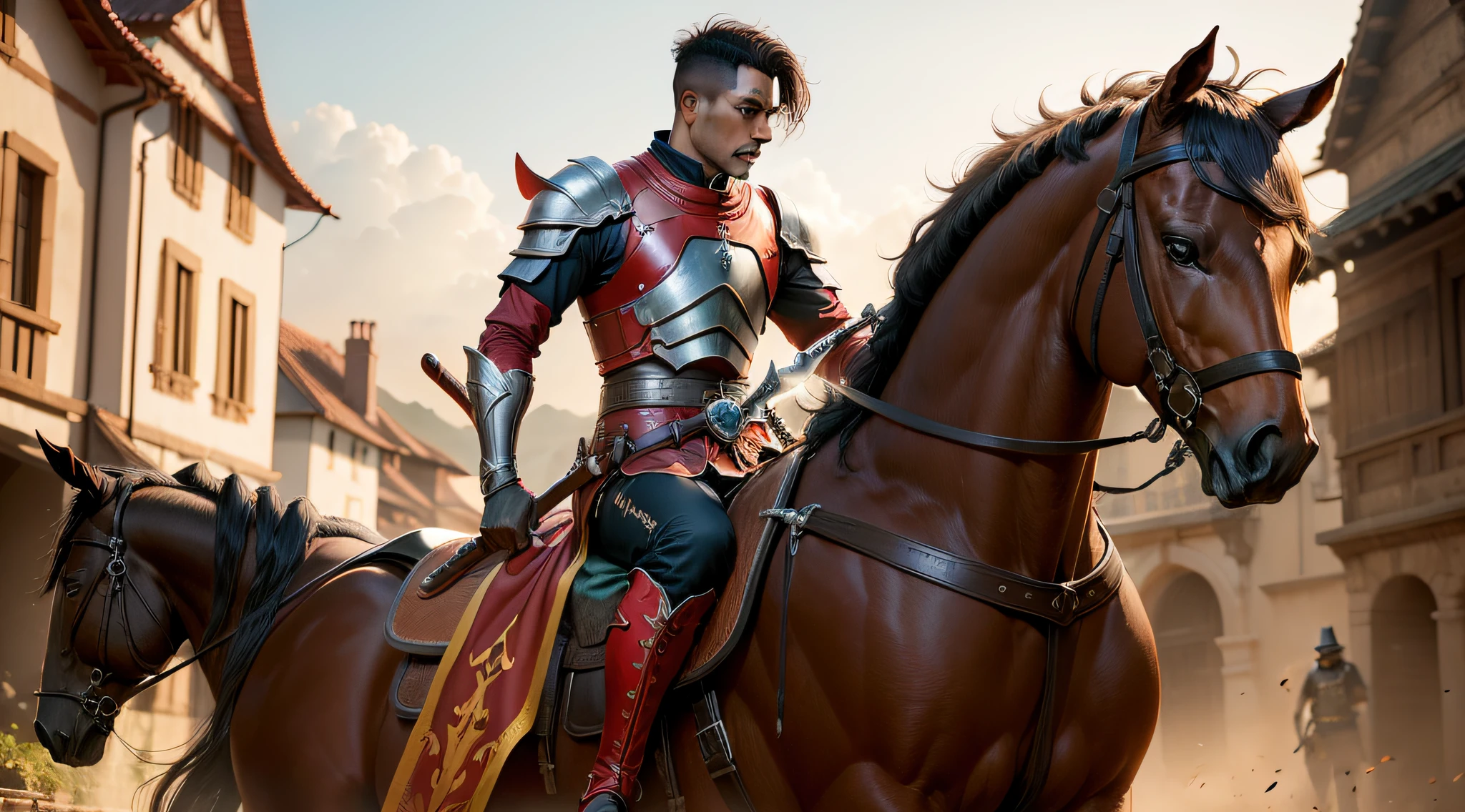 (((cavaleiro com espada))) carrying a RED HORSE towards a red-skinned devil, epics, radiante, movimentos, incrivelmente detalhado, hiper-realista.