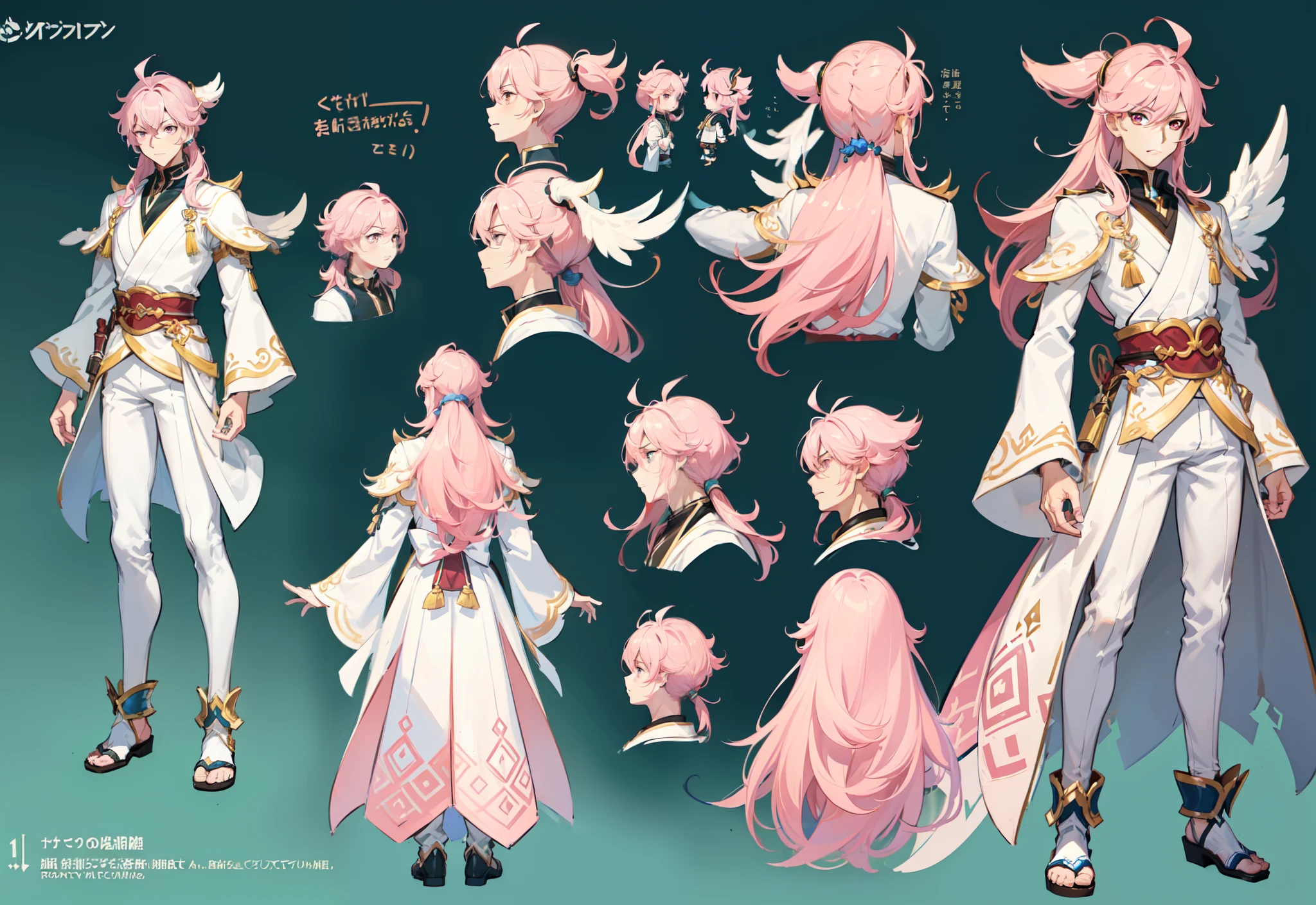 1boy, single, asian boy, in GRANBLUE FANTASY style and Yusuke Murata, reference sheet, character design, front angle, side angle, rear angle, dynamic poses, tall male, muscle tall male, (masterpiece:1.2), (best quality:1.3), ice fantasy outfit, muscle body, athletic muscle body. (Pink eyes), (long hair), (long bangs), (pink hair), (pale skin), (reference sheet:1.5)