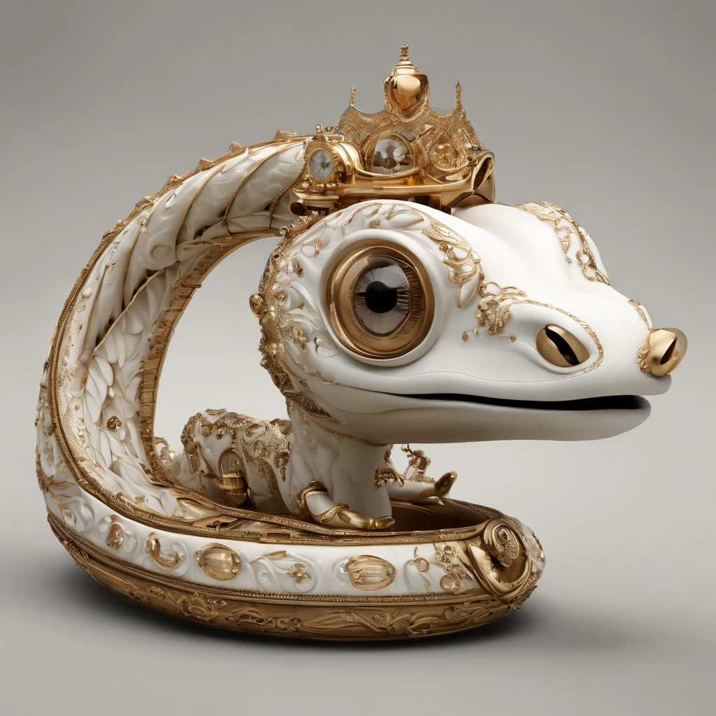 Pixar style super cute anthropomorphic white snake, Dai Han costume and crystal crown, standing, Charming big eyes, Cute tail, standing, Surreal, Super fine, Luxurious, Graceful standing, Charming big eyes, Cute tail, standing, Surreal, Super detailed, Luxurious, elegant, complex, Gorgeous, illusory engine, Octane rendering, 8K, Frey surrealism,Blind box figures