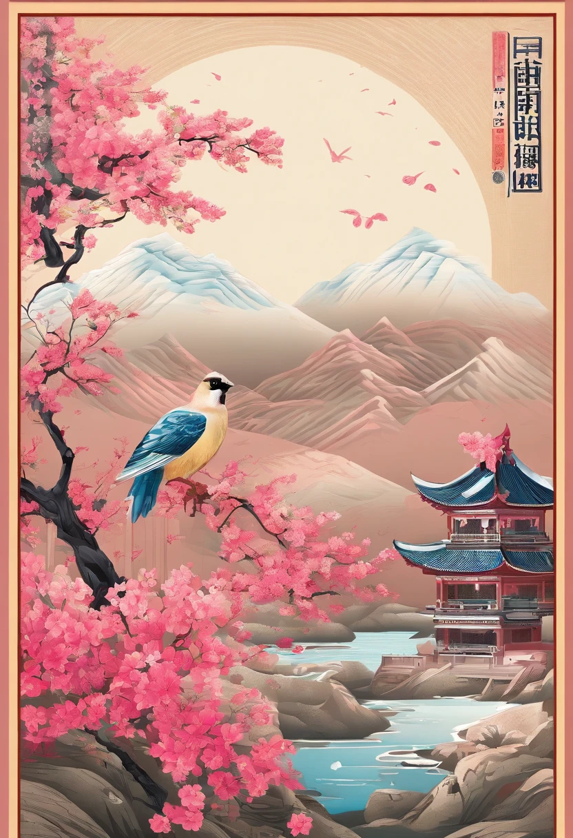 clear and bright，Traditional Chinese solar terms，(((azalea)))，National style，Ink wind，((rained))，solid color backdrop，There is one(Chongming Bird)，closeup cleavage，Landscape view，Don't be characterized，Don't be characterized