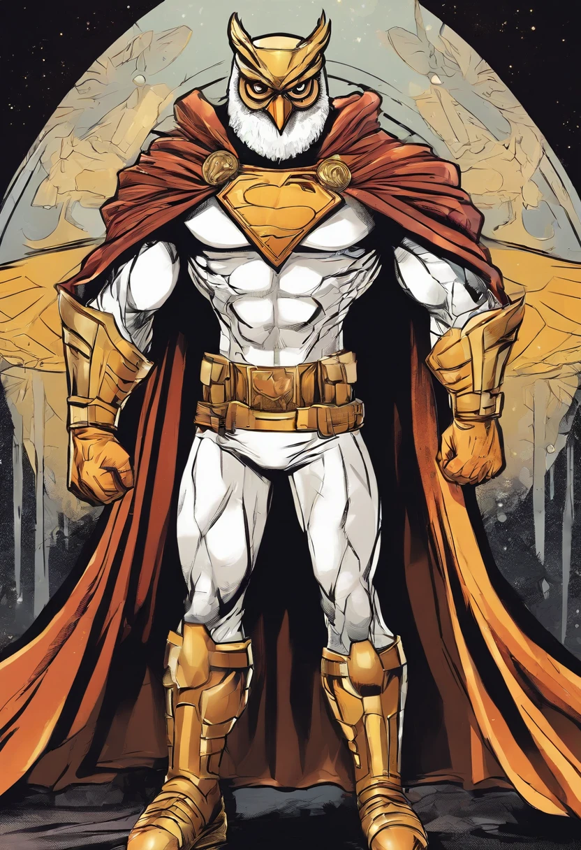 Man in superhero outfit inspired by an owl, com roupa preta e detalhes dourado, 4k, sober and dark background