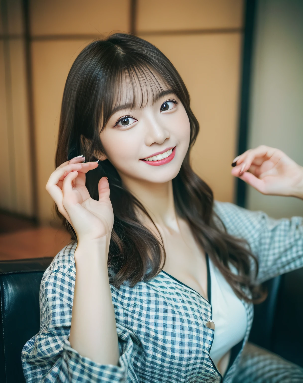 Wearing sexy pajamas, Graceful figure, Coquettish, Study room, sofa, Random captivating moves, Facing the camera, Imaginative, First love、Sleepy face、Japan Person Model、Young Sensual Gravure Idol、Young cute gravure idol、Realistic Young Gravure Idol、Realistic sensual gravure idol、Young gravure idols、sophisticated gravure idol、奈良美智、Young skinny gravure idol、beautifull asian girl ever、(A smile:1.1)、full body Esbian、Pretty women、(dark brown hair)、hyperdetailed face、A detailed eye、二重まぶた、blured background、(4K、RAW Photos、top-quality、masters:1.2)、(reallistic、Photorealsitic:1.37)、cute little