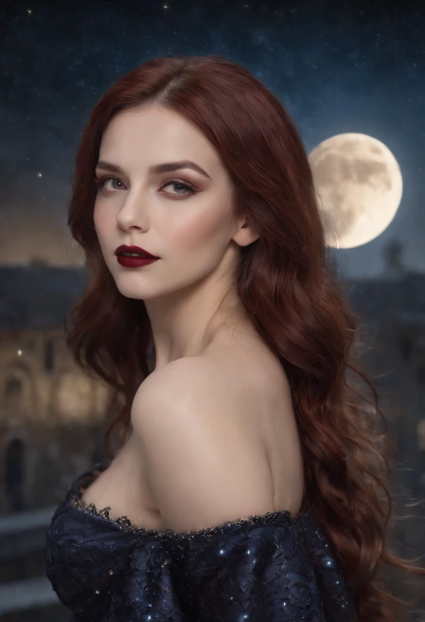 an image of a beautiful exquisite female vampire standing under the starry night sky on the balcony of her castle, Dynamic angle (Ultra Detalhado, master part, melhor qualidade), Face Ultra Detalhada (Ultra Detalhado, master part, melhor qualidade), ultra feminino, pele cinzenta, red hair, cabelos ondulados, dynamic eye color, olhos frios, olhos brilhantes, olhos intensos, dark red lips, [Barragens], usando vestido branco (Ultra Detalhado, master part, melhor qualidade), Casaco azul (Ultra Detalhado, master part, melhor qualidade), Capa comprida, flowing cloak (Ultra Detalhado, master part, melhor qualidade), Botas de salto alto, sky full of stars background, fantasia_noite, ..lua, Morcegos voando ao redor, detalhes altos, melhor qualidade, 8k, [Ultra Detalhado], master part, melhor qualidade, (Ultra Detalhado), corpo inteiro, Ultra long launch, renderizado, arte de fantasia sombria, arte de fantasia sombria, gothic art, Muitas estrelas, arte de fantasia sombria, gothic art, feeling dread,