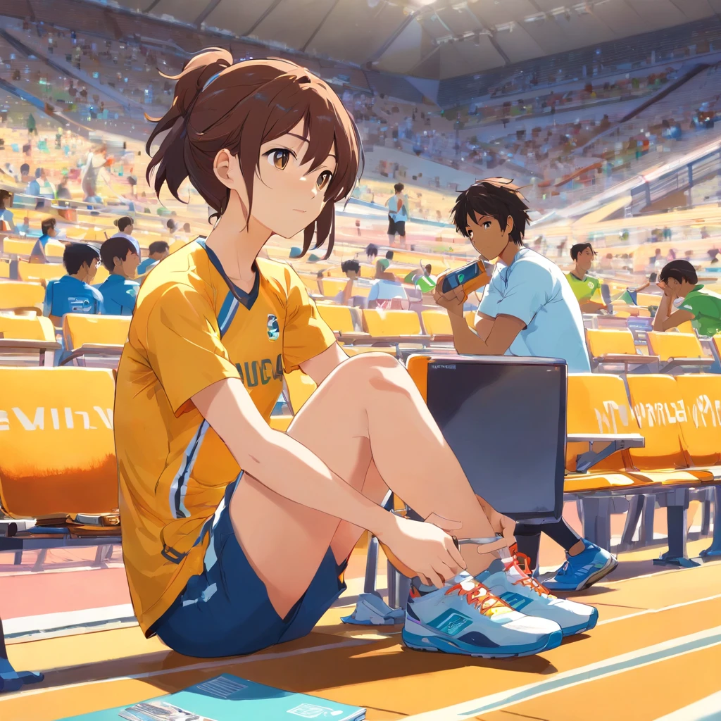 em que a treinadora, vestindo uma camisa esportiva amarela e shorts, she's sitting in the stands, Closely following the competition. She's relaxed in a folding chair, com as pernas cruzadas e um olhar atento na pista de atletismo. Seus olhos seguem os movimentos dos atletas enquanto eles correm e competem. The trainer has a notepad on her lap, where it records important information about athletes' performance. She exudes calm and confidence, Knowing that you are supporting your pupils in the best possible way. The scene conveys the coach's dedication and passion for the sport, as she watches the competition with interest.